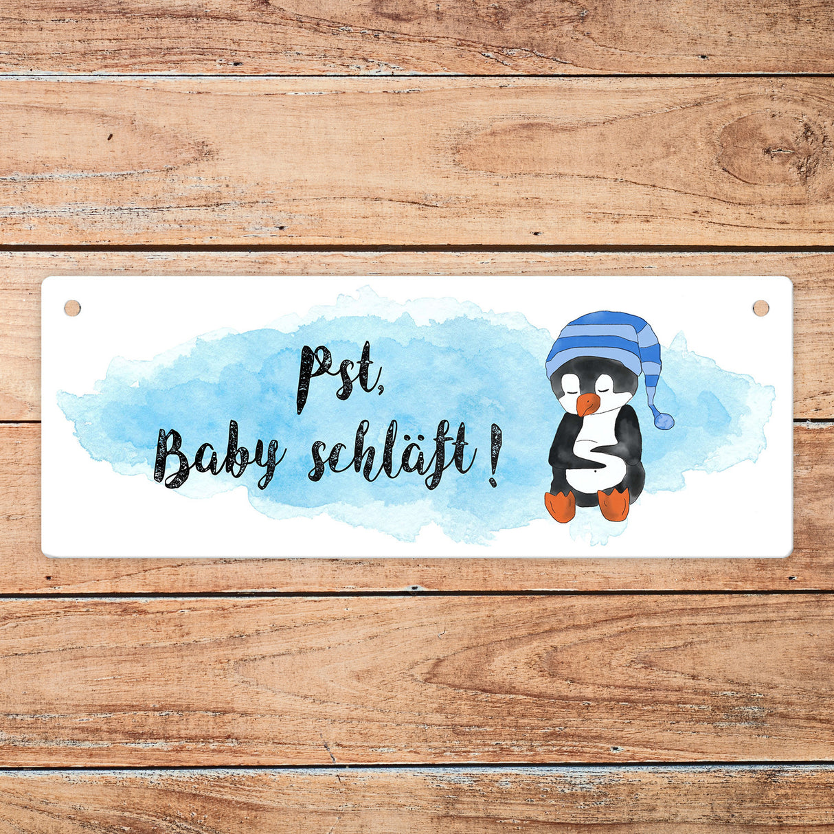 Pst Baby schläft Wendeschild mit Pinguin in blau