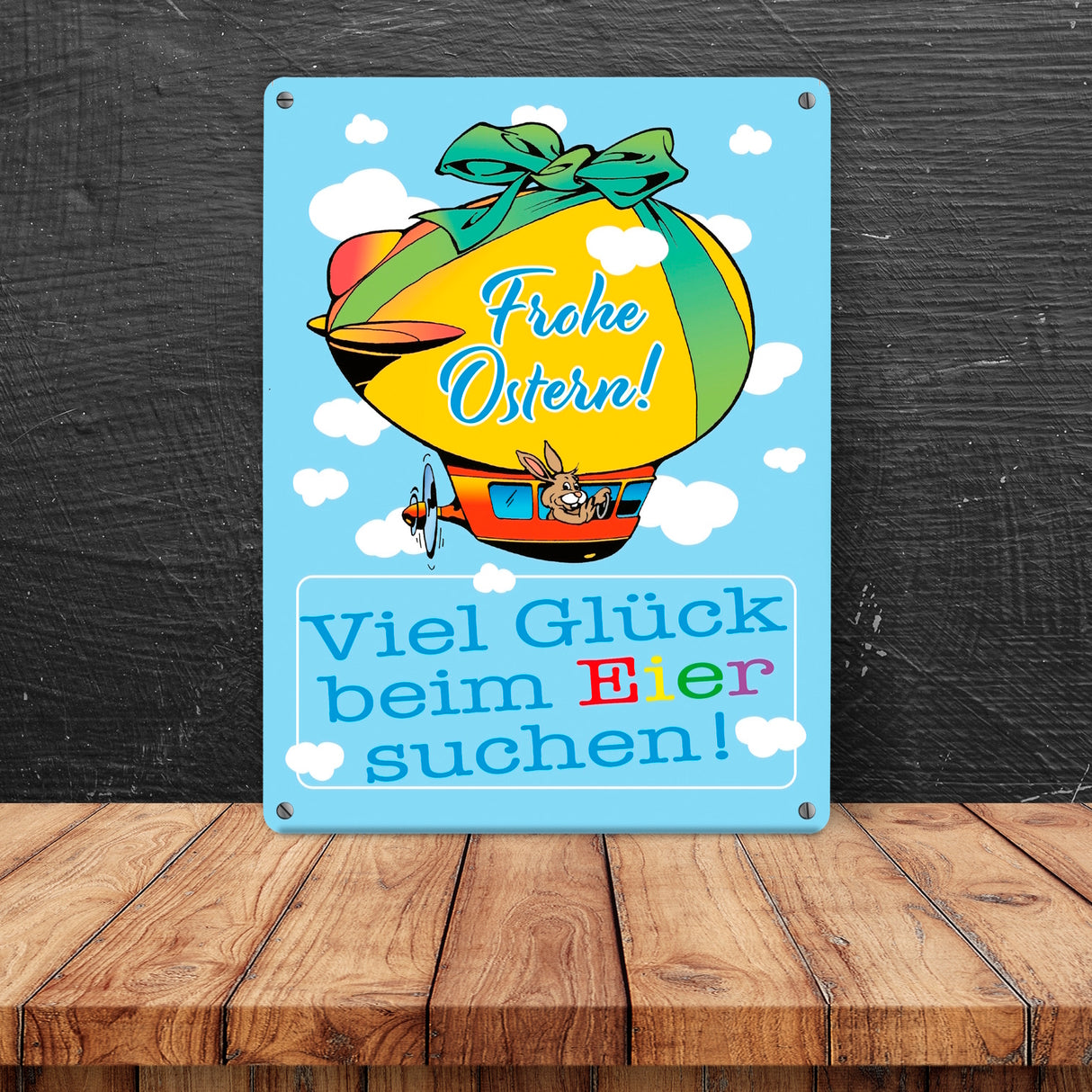 Osterhase im Zeppelin Metallschild zum Thema Frohe Ostern