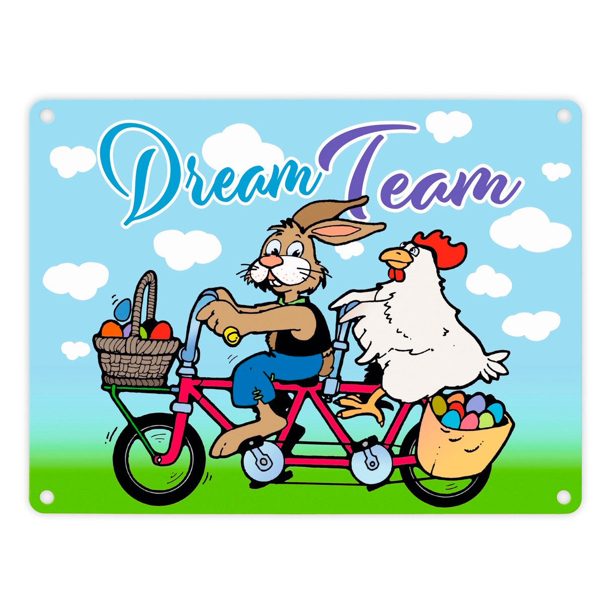 Osterhase und Huhn auf Tandem Metallschild zum Thema Ostern