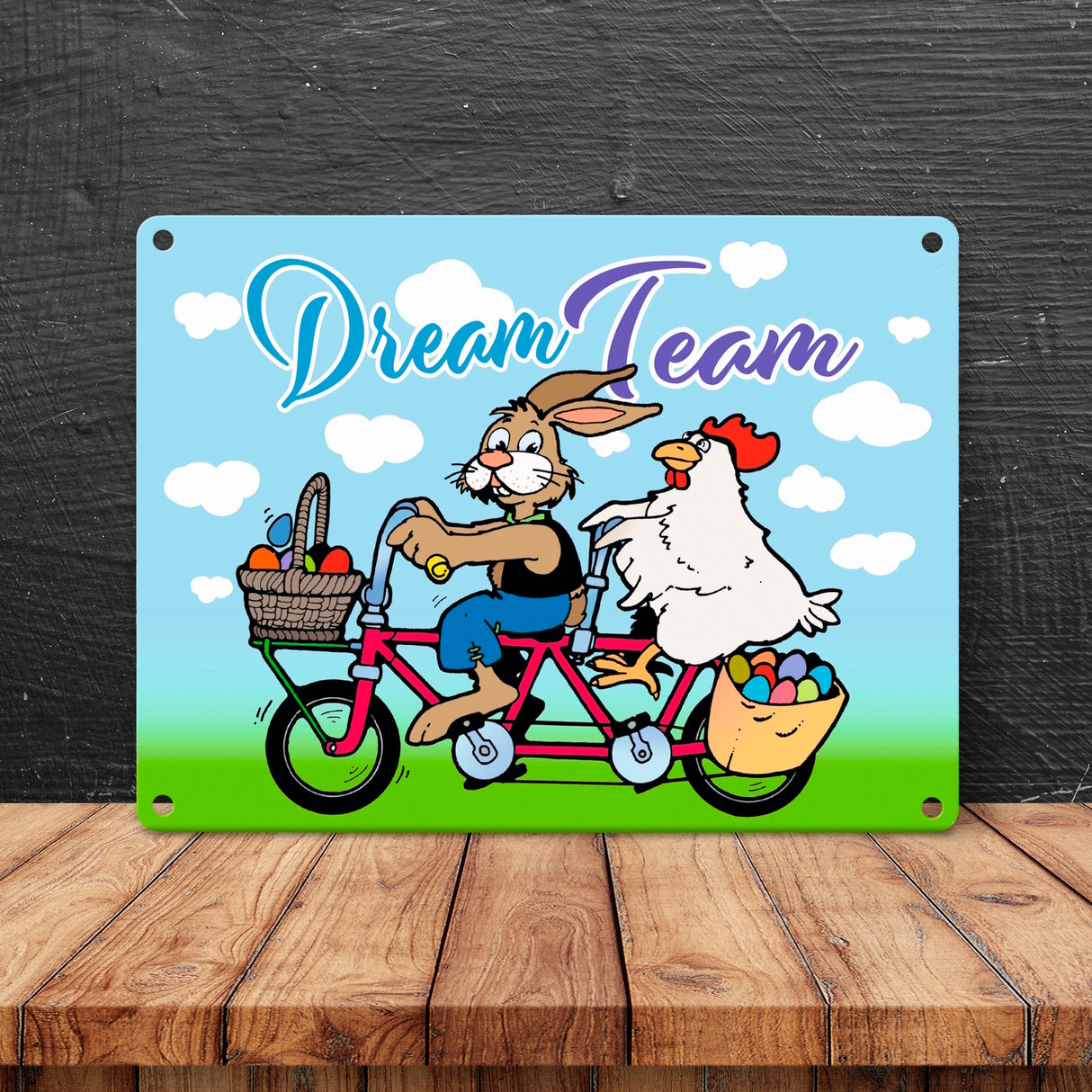 Osterhase und Huhn auf Tandem Metallschild zum Thema Ostern