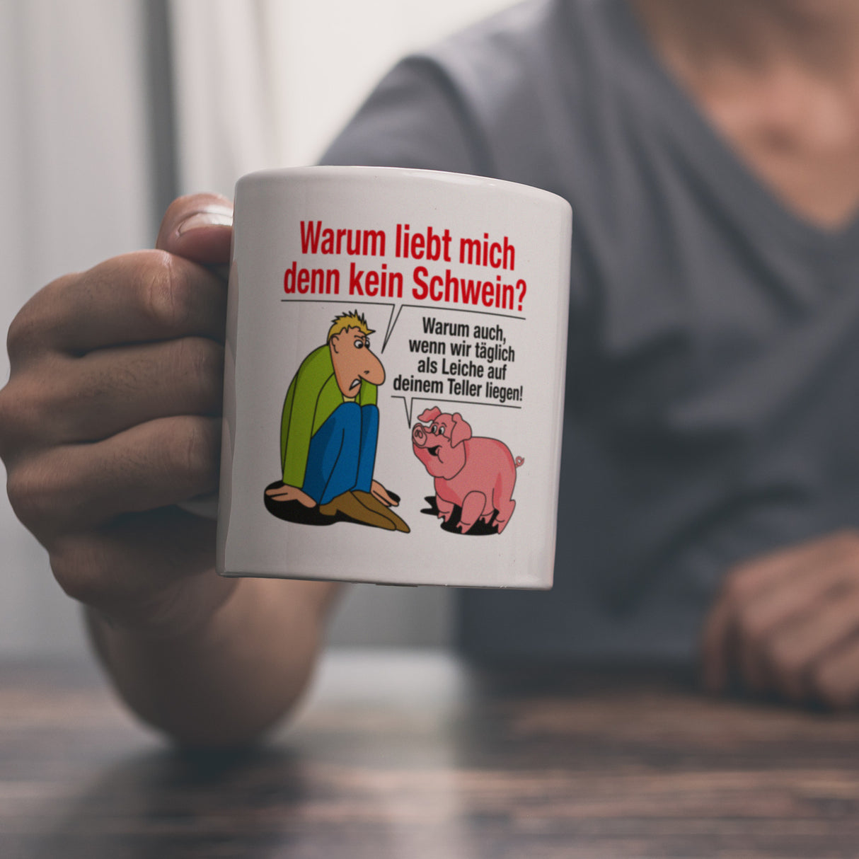 Kaffeebecher zum Thema Fleischesser und Vegetarier mit Schweine Motiv