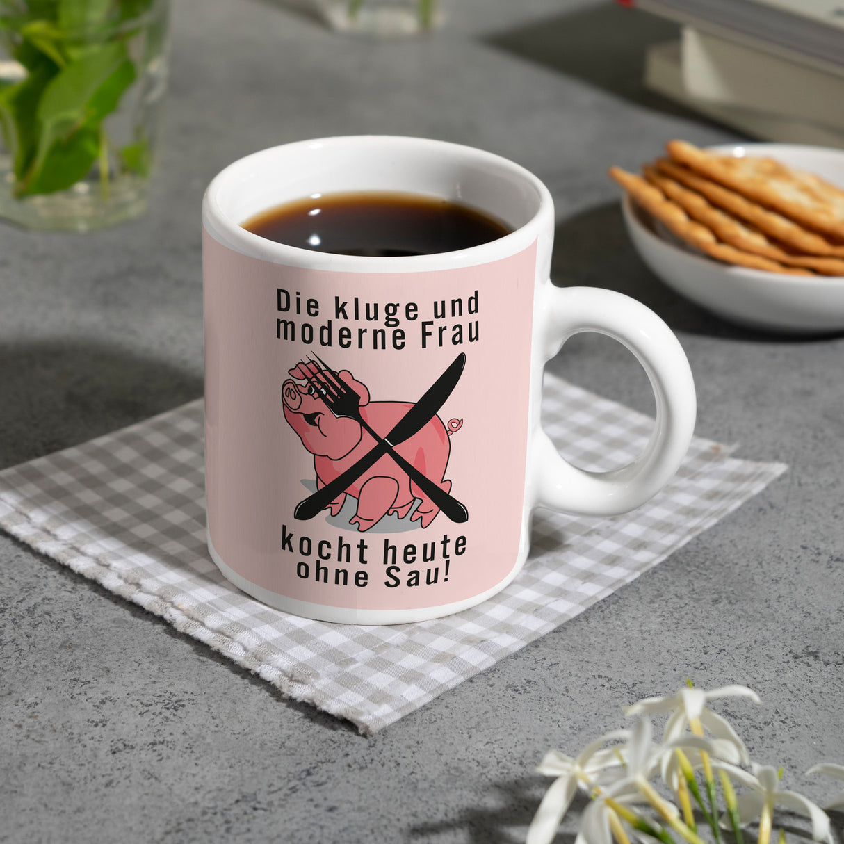 Vegetarier und Fleischesser Kaffeebecher mit Schweine Motiv in rosa