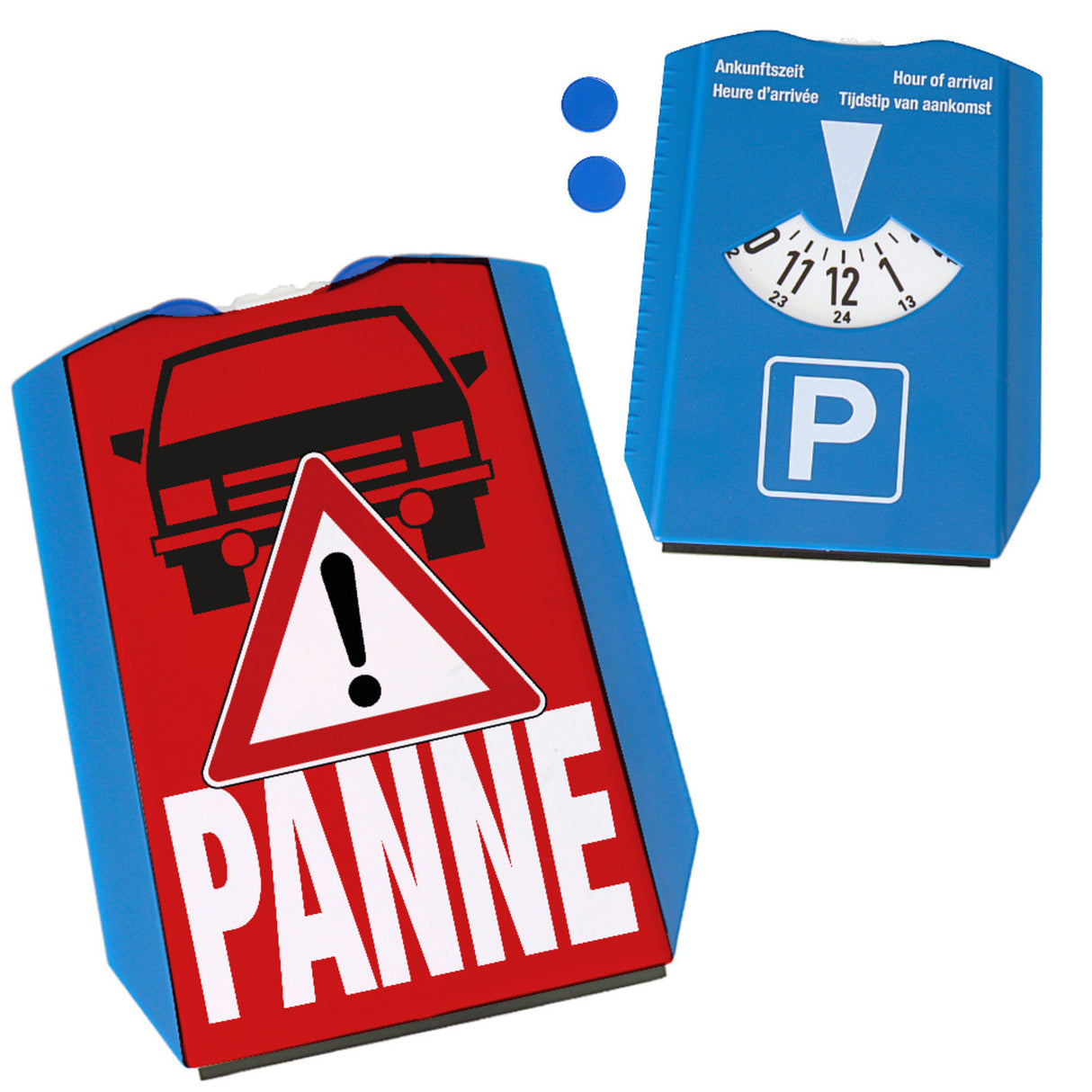 Panne mit dem PKW Parkscheibe mit Auto Motiv in rot und 2 Einkaufswagenchips