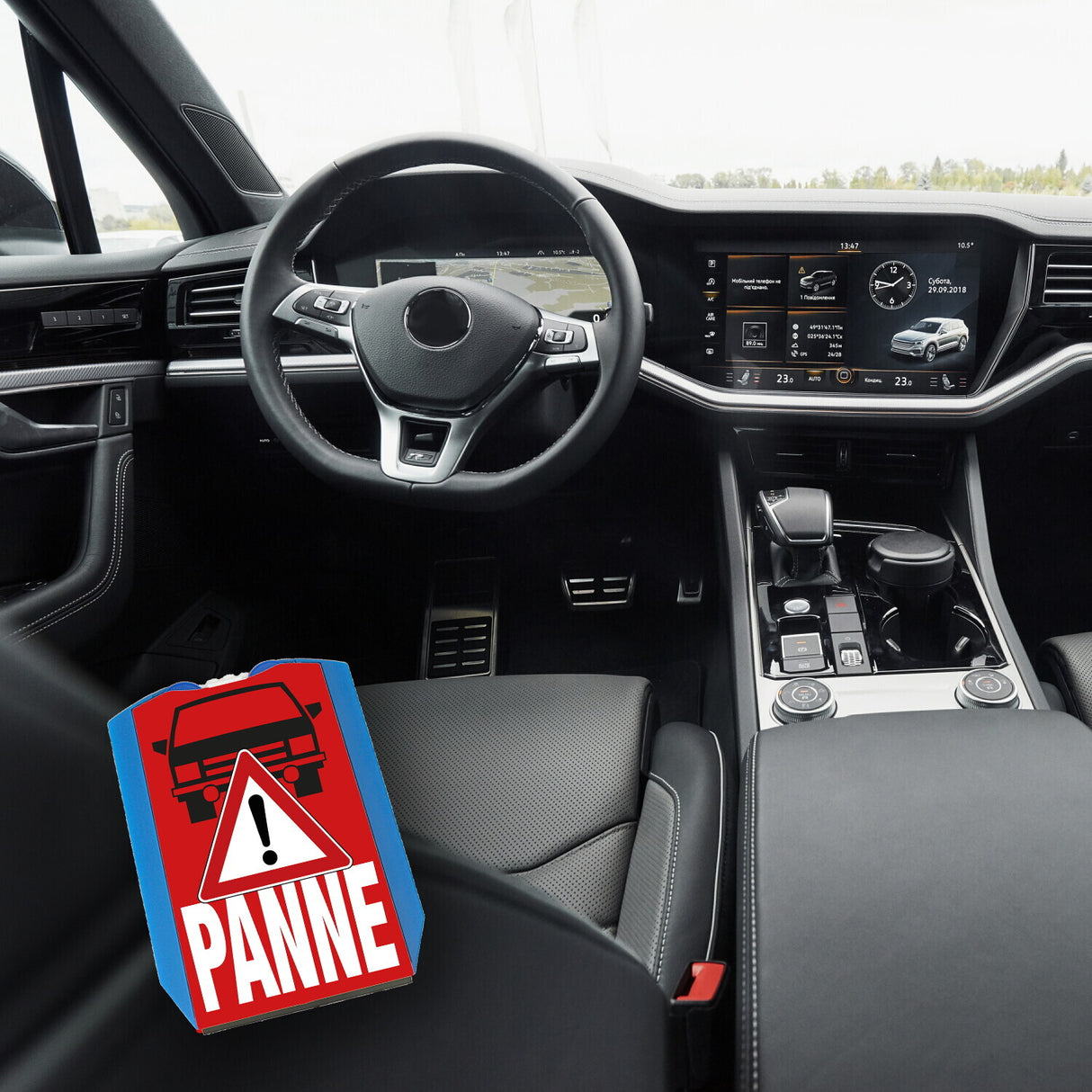 Panne mit dem PKW Parkscheibe mit Auto Motiv in rot und 2 Einkaufswagenchips
