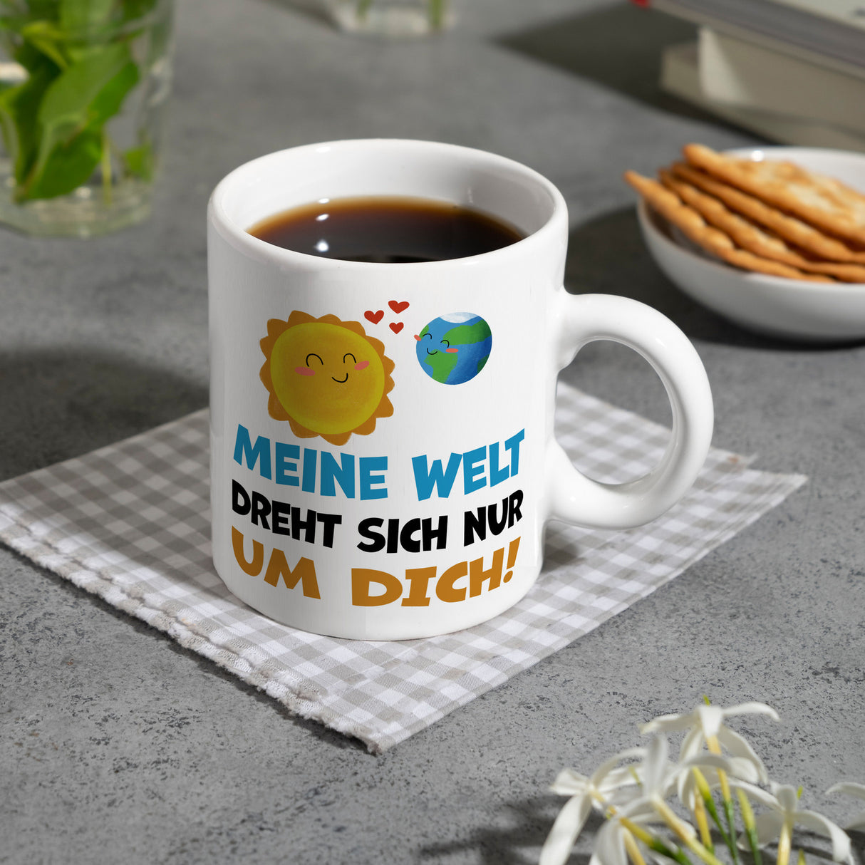 Meine Welt dreht sich nur um dich Kaffeebecher mit Sonne und Erde