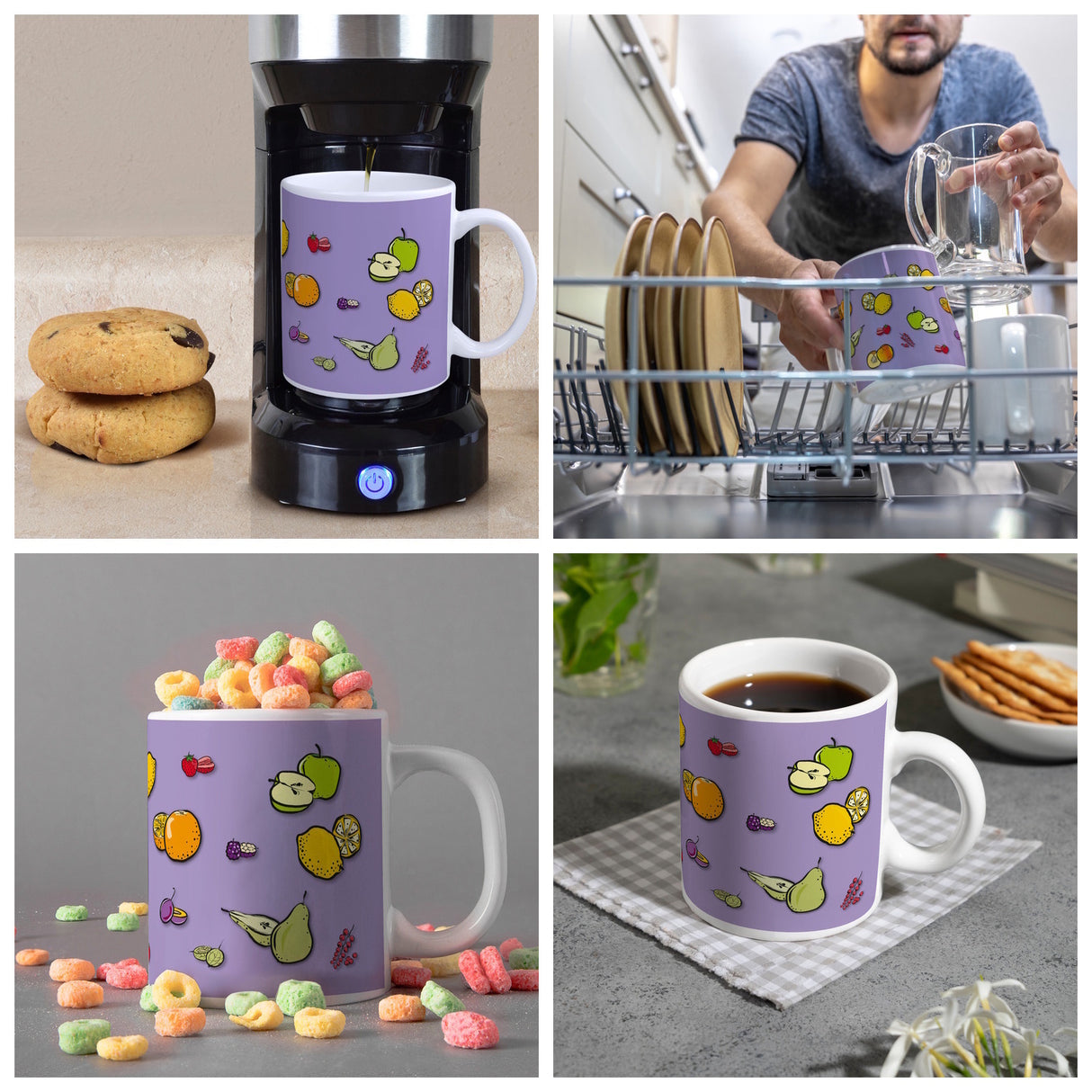 Kaffeebecher in lila zum Thema Obst mit verschiedenen Früchten
