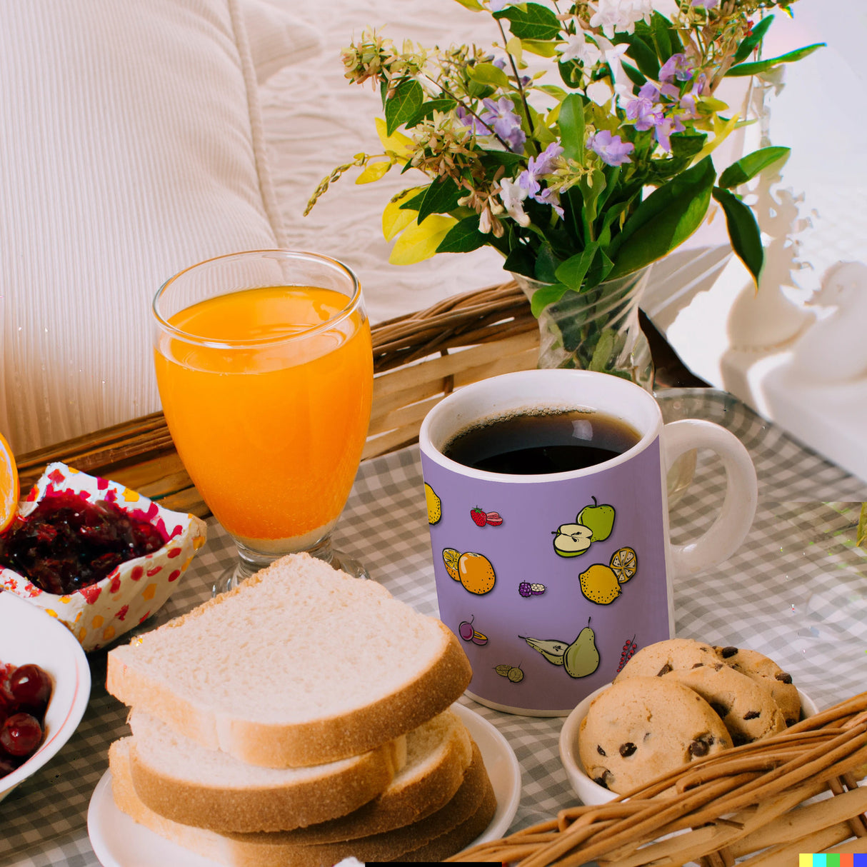 Kaffeebecher in lila zum Thema Obst mit verschiedenen Früchten