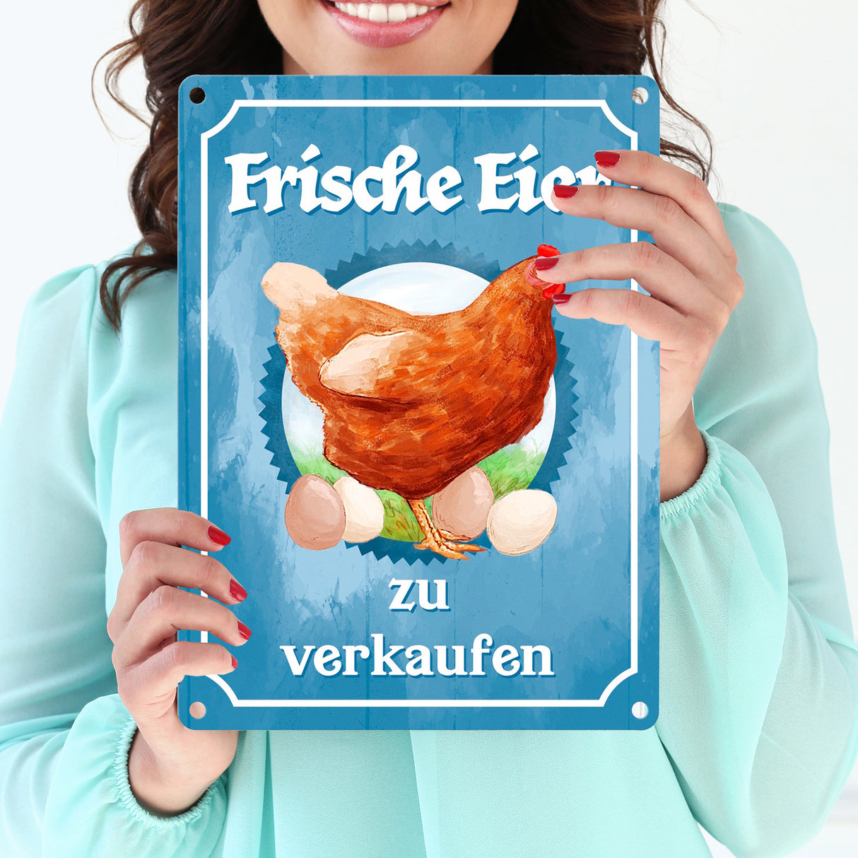 Frische Eier zu verkaufen Metallschild mit Huhn Motiv