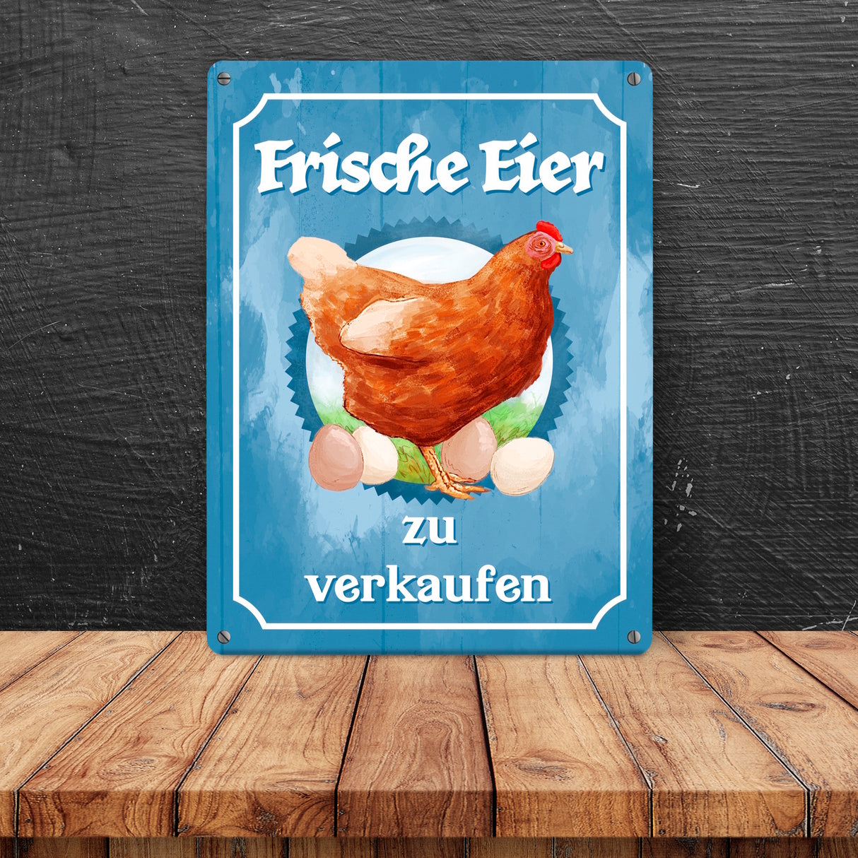 Frische Eier zu verkaufen Metallschild mit Huhn Motiv