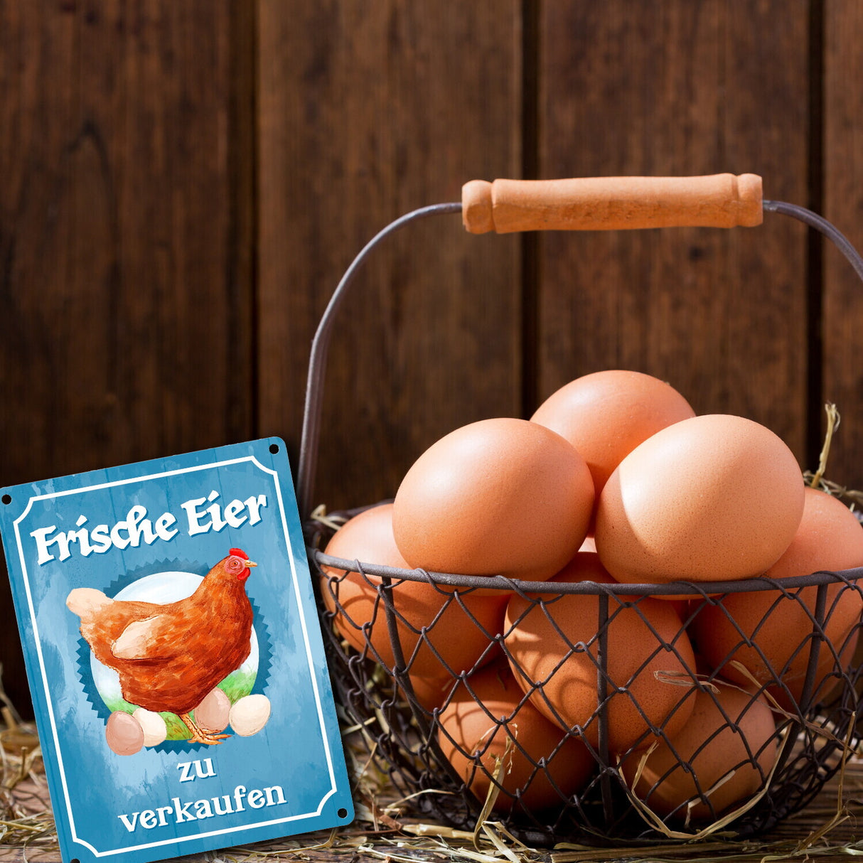 Frische Eier zu verkaufen Metallschild mit Huhn Motiv