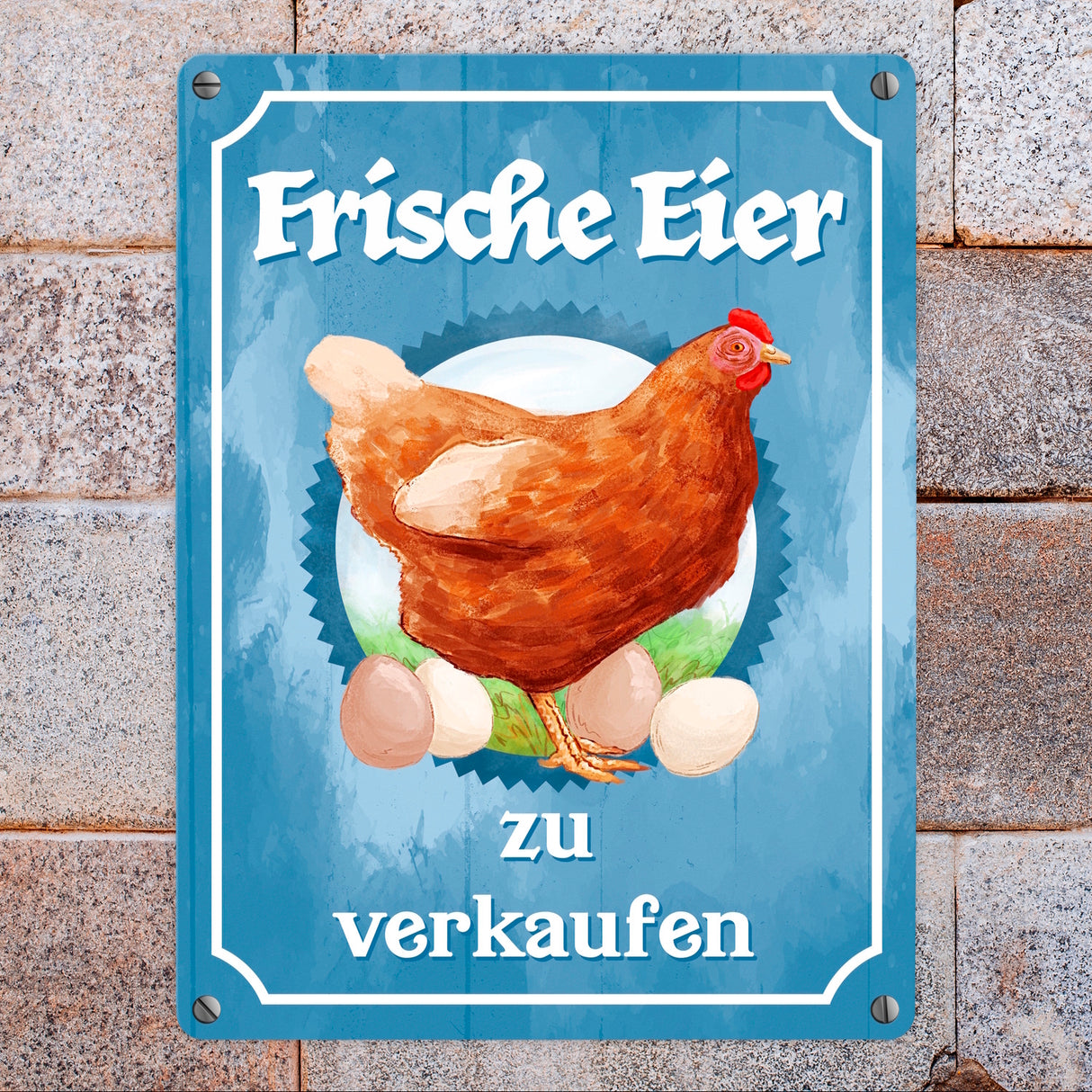 Frische Eier zu verkaufen Metallschild mit Huhn Motiv