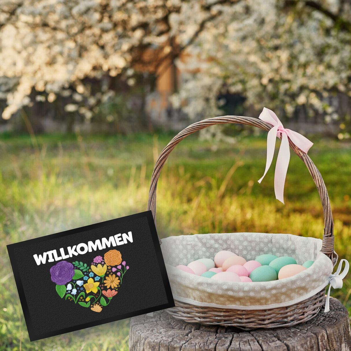 Willkommen Blumenherz Fußmatte