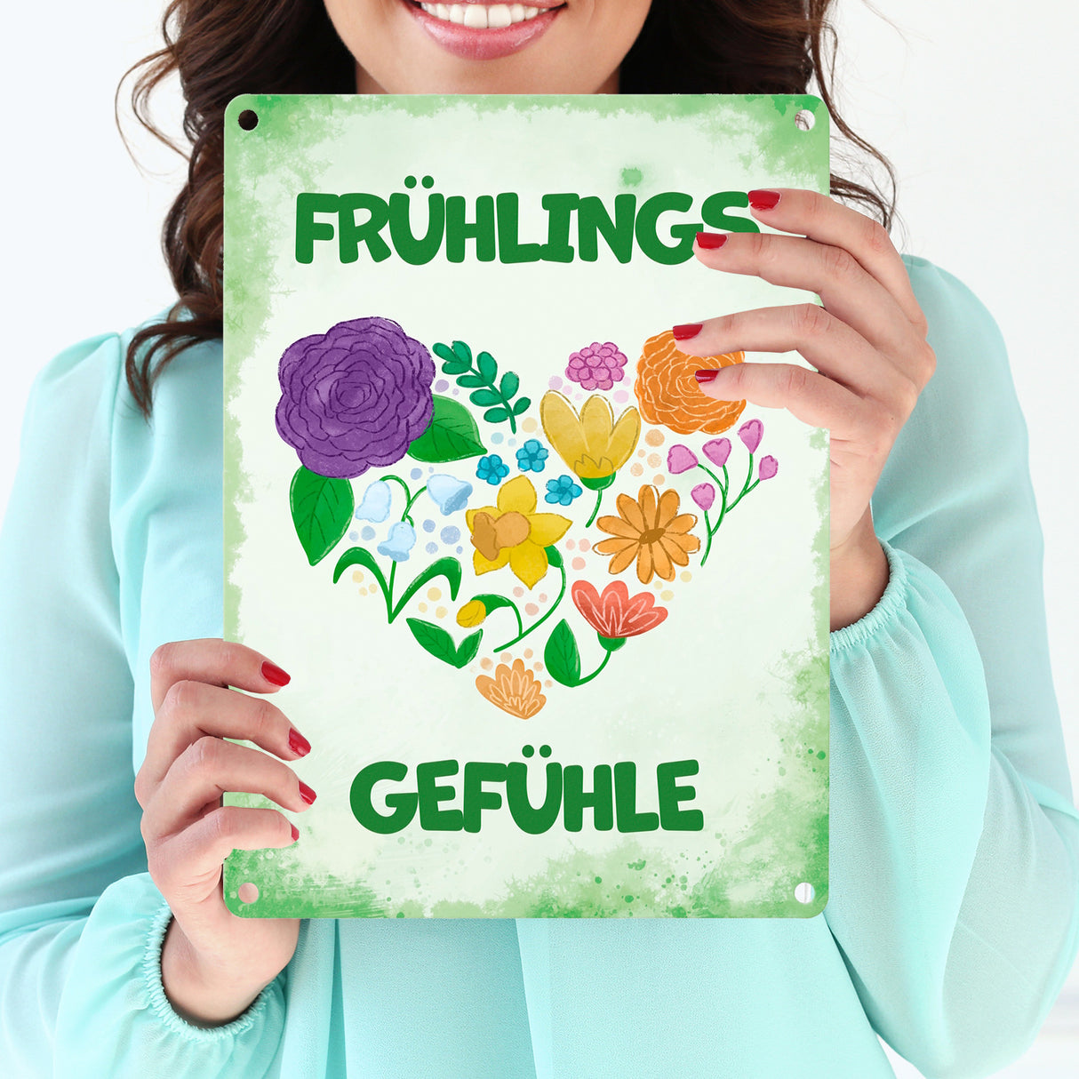 Frühlingsgefühle Metallschild mit Blumenherz
