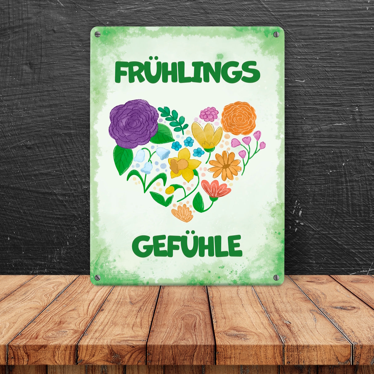 Frühlingsgefühle Metallschild mit Blumenherz