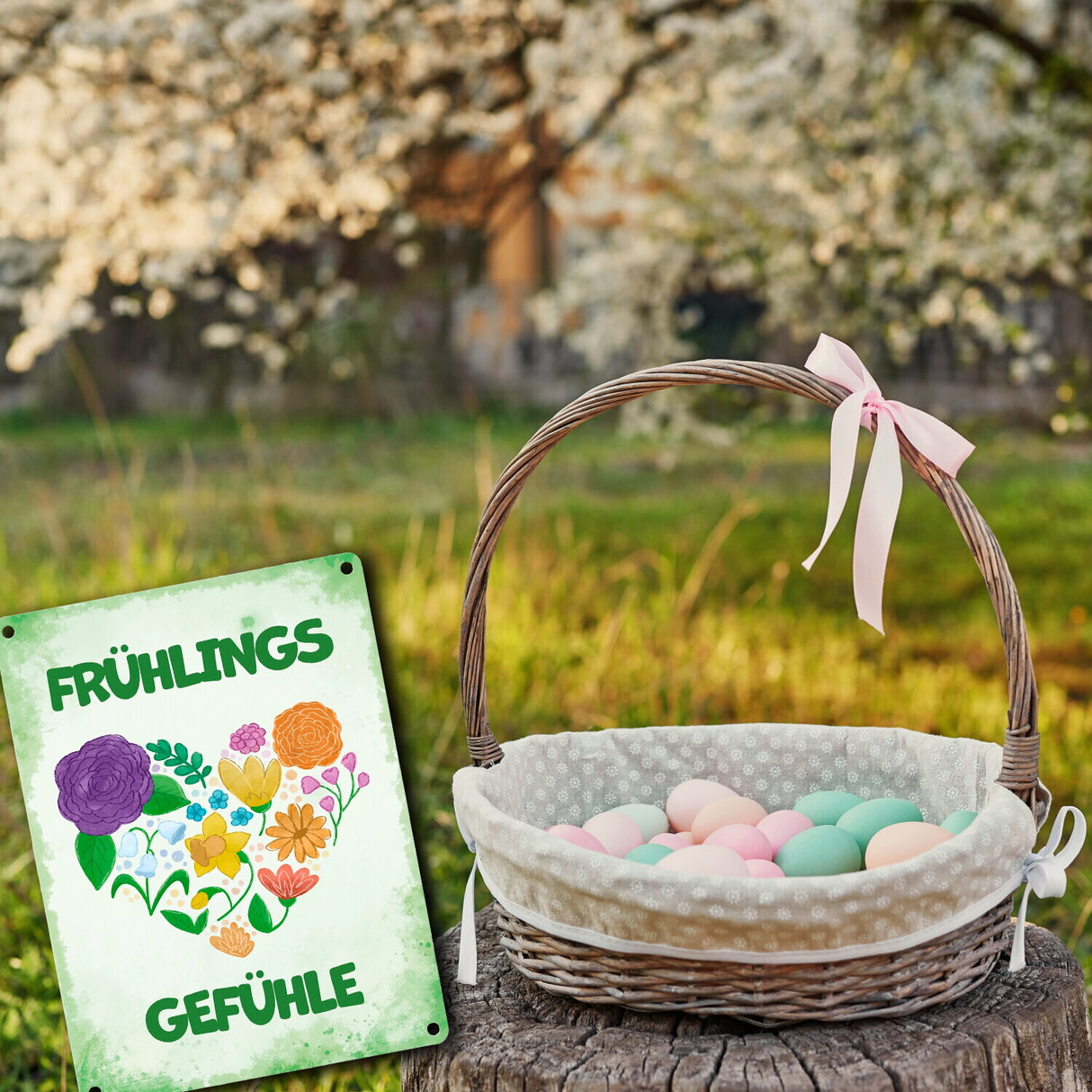 Frühlingsgefühle Metallschild mit Blumenherz