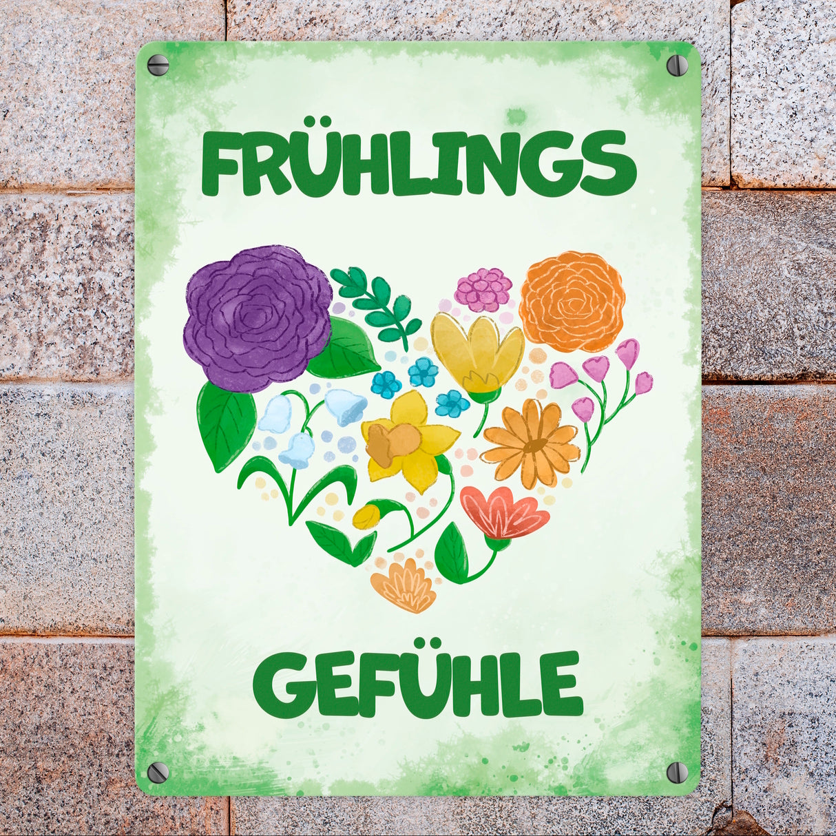 Frühlingsgefühle Metallschild mit Blumenherz