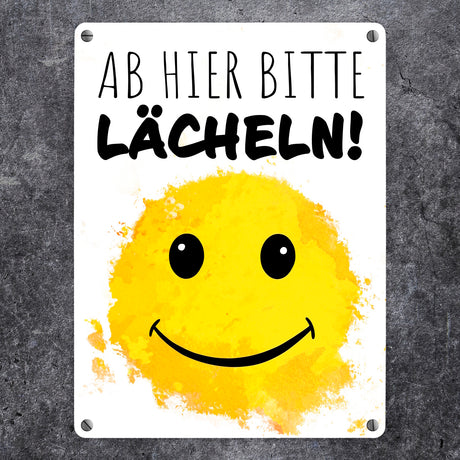 Grinsendes Emoticon Ab hier bitte lächeln Metallschild