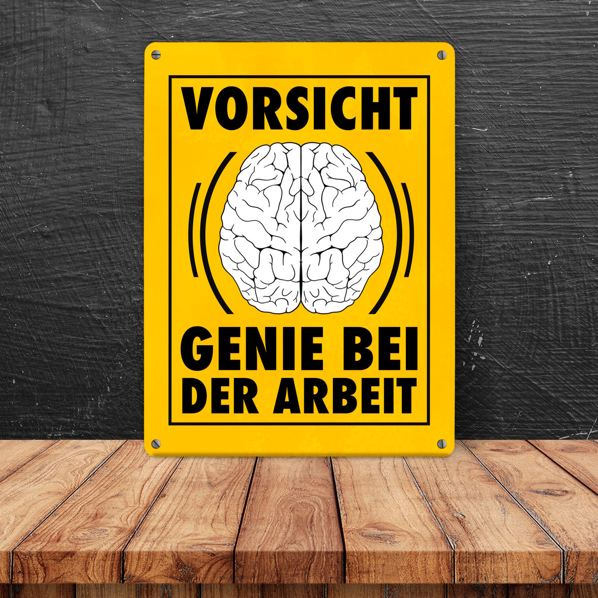 Vorsicht Genie bei der Arbeit witziges Metallschild mit Gehirn