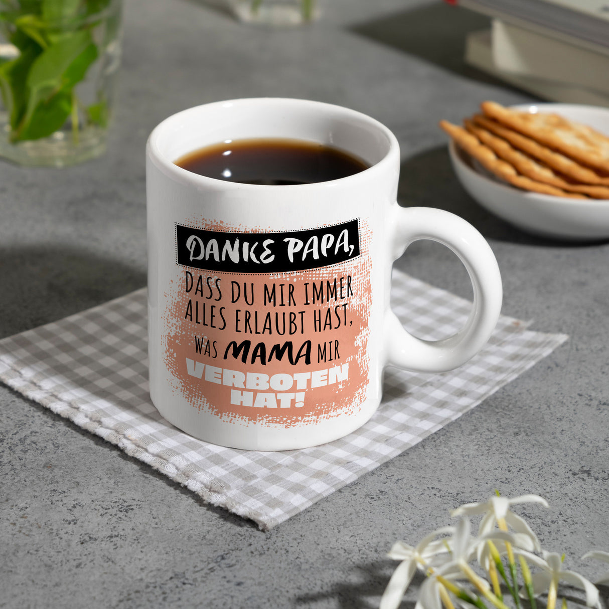 Danke Papa, ... Kaffeebecher in orange mit Spruch für den Vatertag