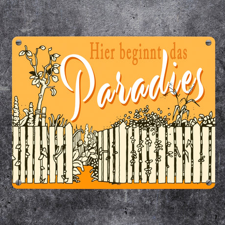 Gartenparadies Metallschild orange zum Thema Urlaub im Garten