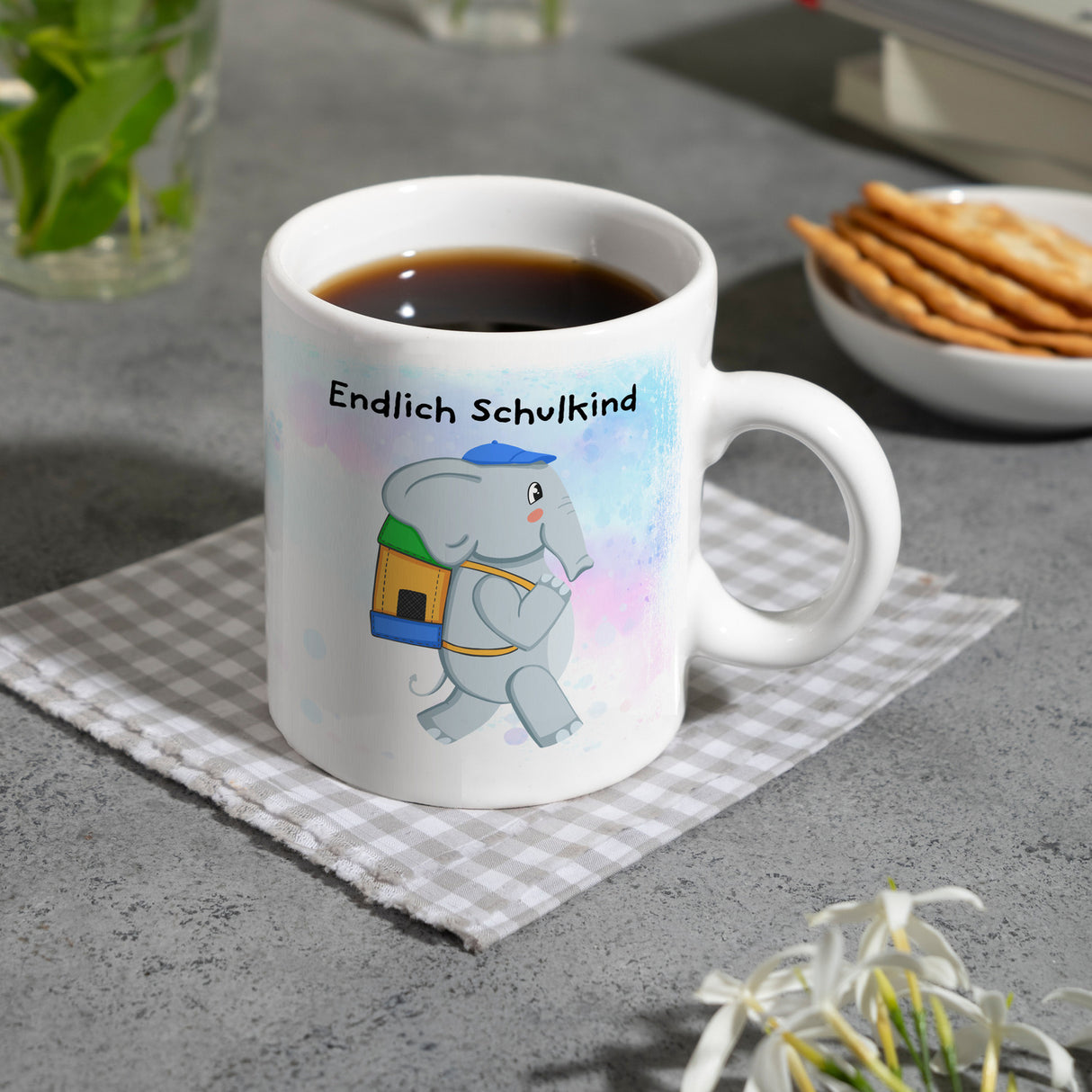Endlich Schulkind Elefant Kaffeebecher für die Einschulung