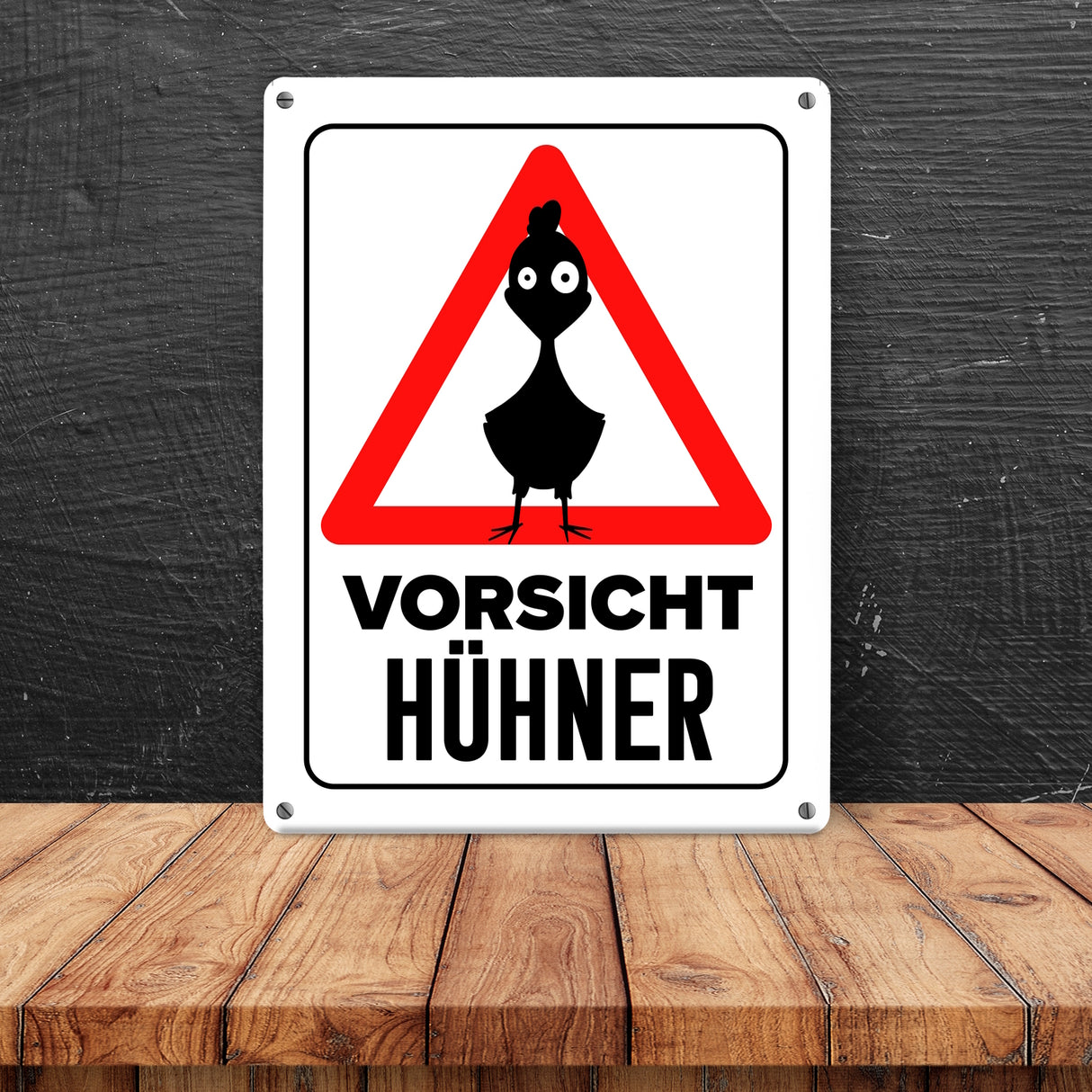 Vorsicht Hühner Metallschild mit Huhn Silhouette