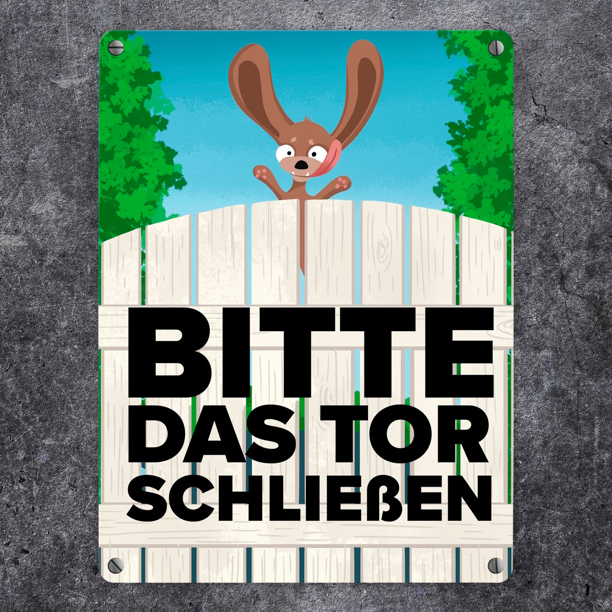 Bitte das Tor schließen Metallschild mit lustigem braunem Hund