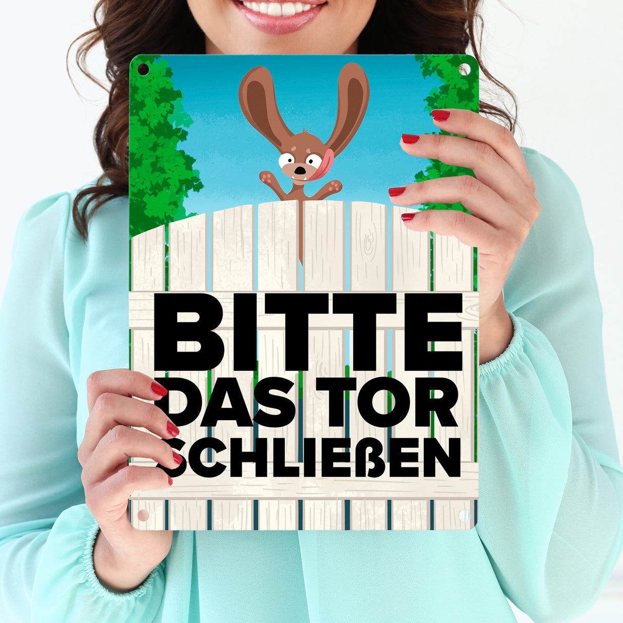 Bitte das Tor schließen Metallschild mit lustigem braunem Hund