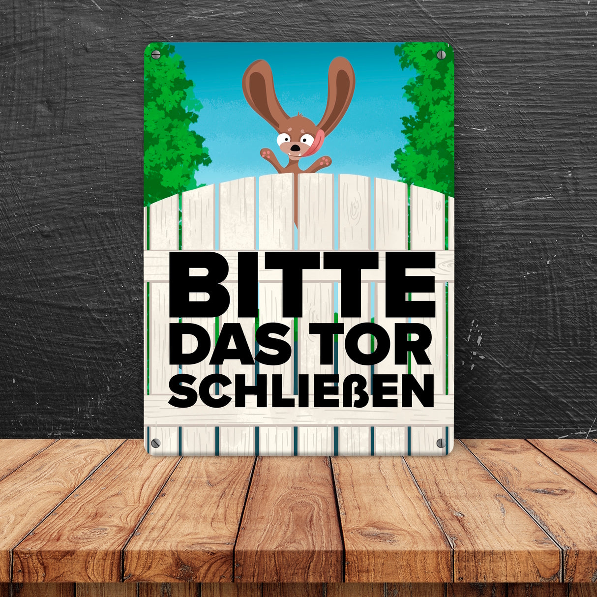 Bitte das Tor schließen Metallschild mit lustigem braunem Hund
