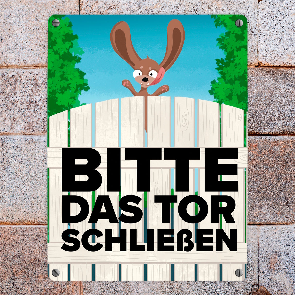 Bitte das Tor schließen Metallschild mit lustigem braunem Hund