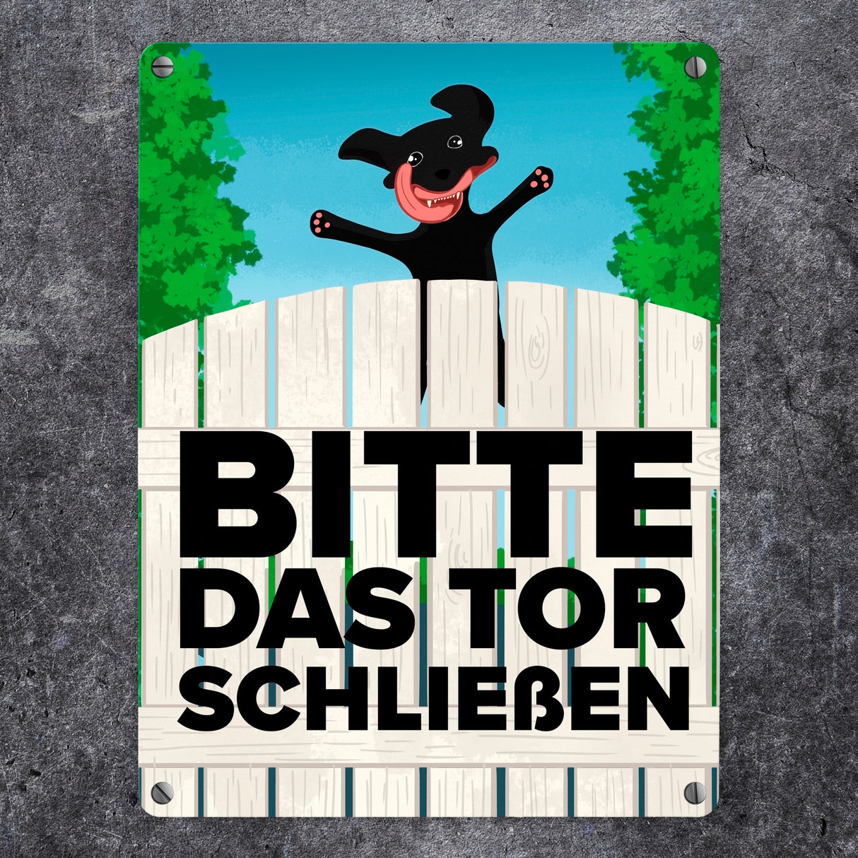 Bitte das Tor schließen Metallschild mit lustigem schwarzem Hund