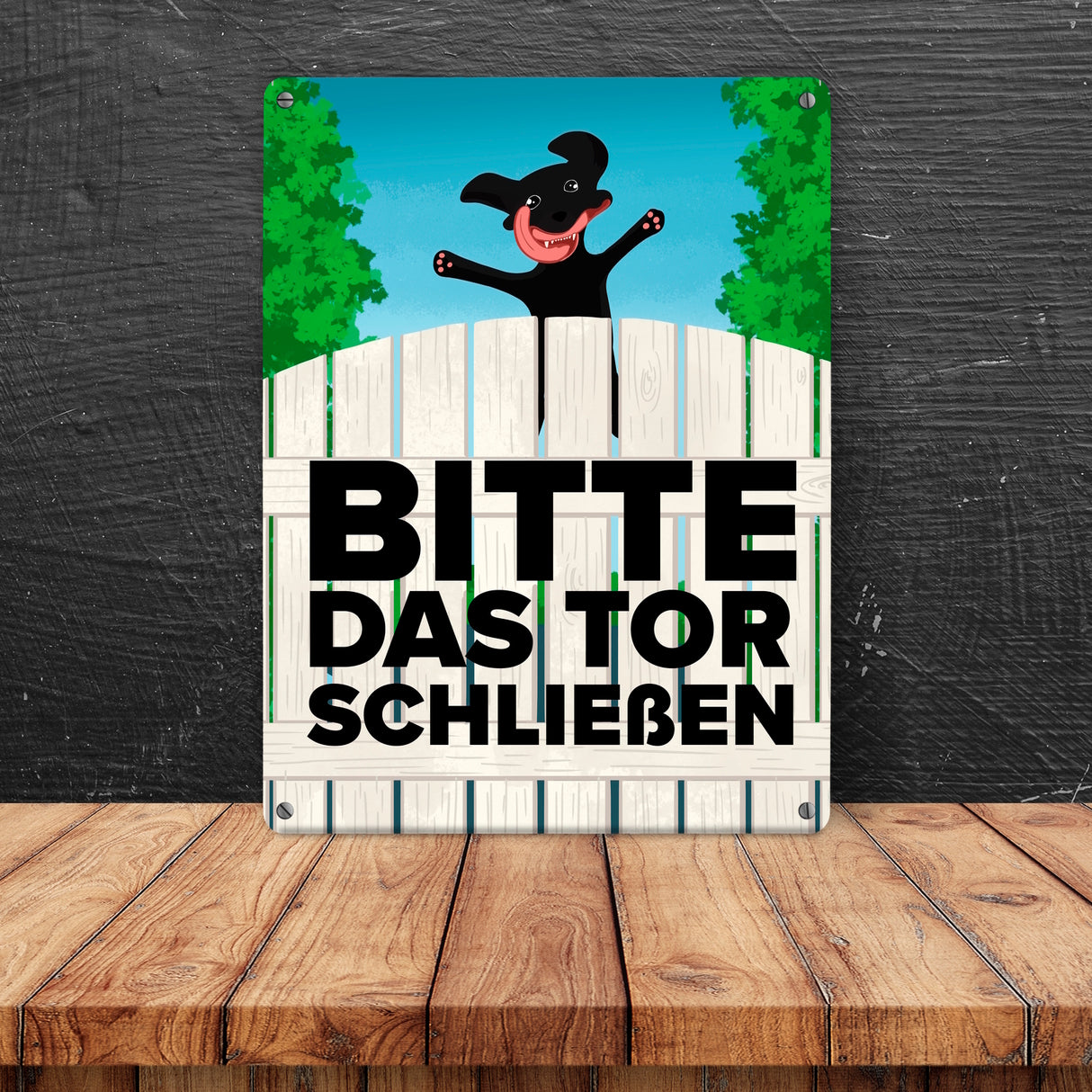Bitte das Tor schließen Metallschild mit lustigem schwarzem Hund