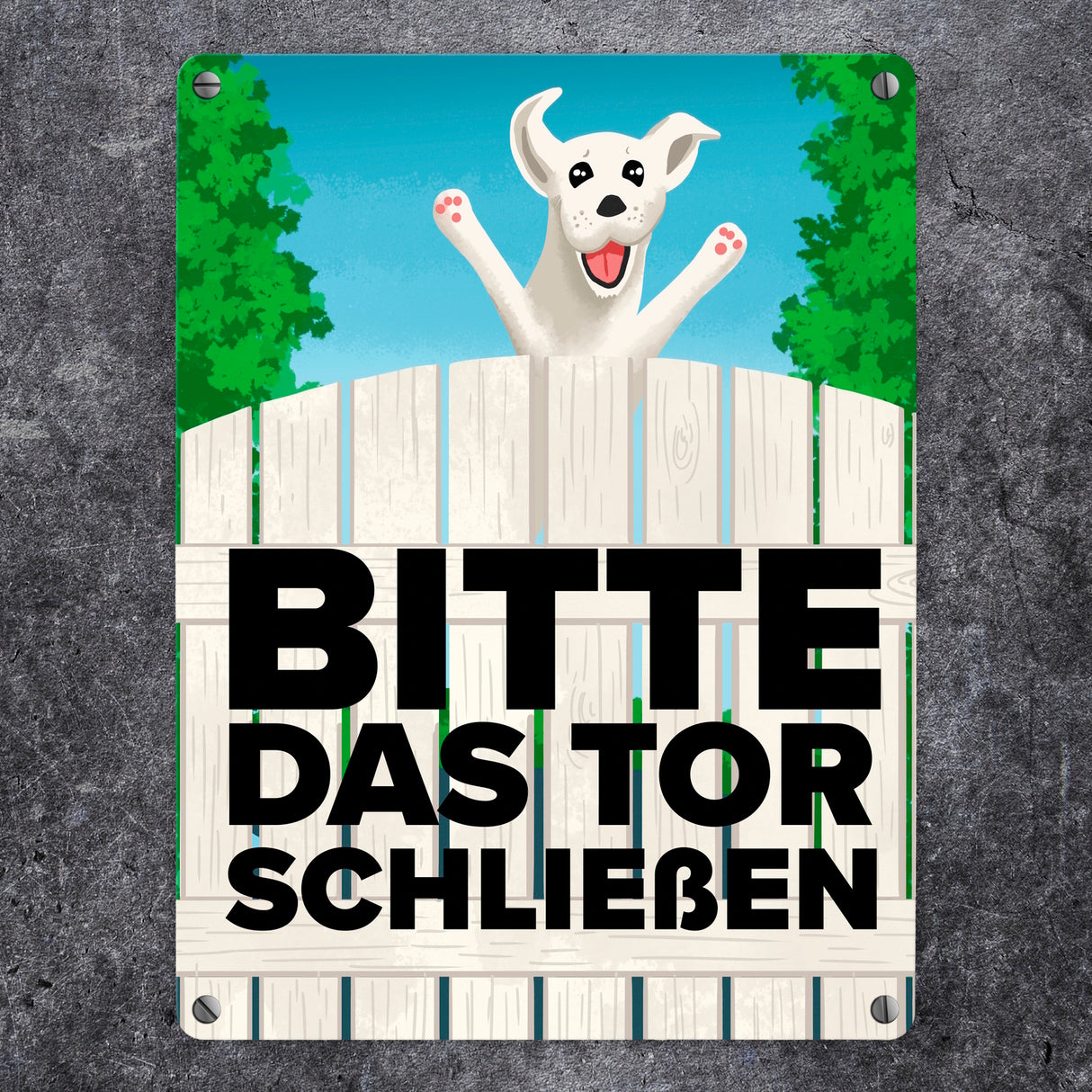 Bitte das Tor schließen Metallschild mit lustigem weißem Hund