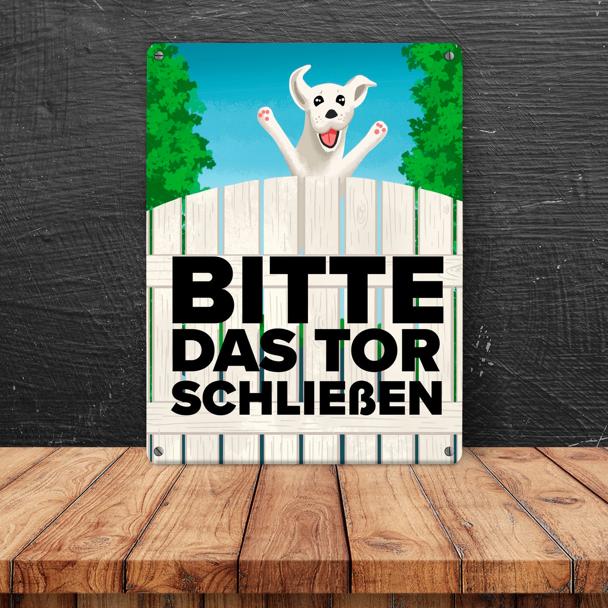 Bitte das Tor schließen Metallschild mit lustigem weißem Hund