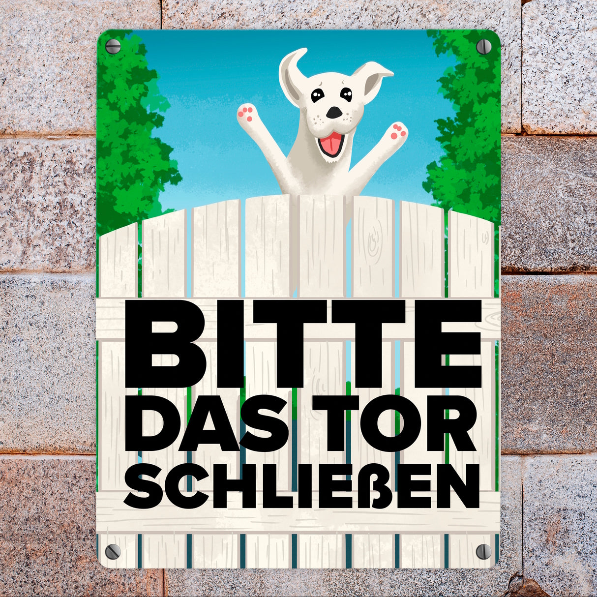 Bitte das Tor schließen Metallschild mit lustigem weißem Hund