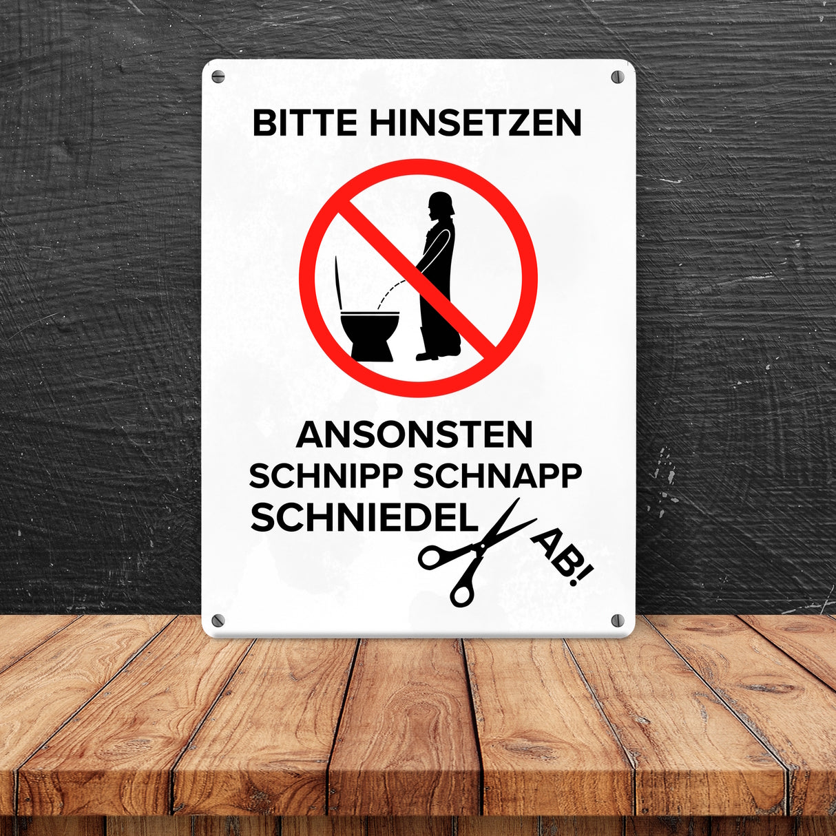 Bitte hinsetzen, ansonsten… Toilette Metallschild mit Filmfigur