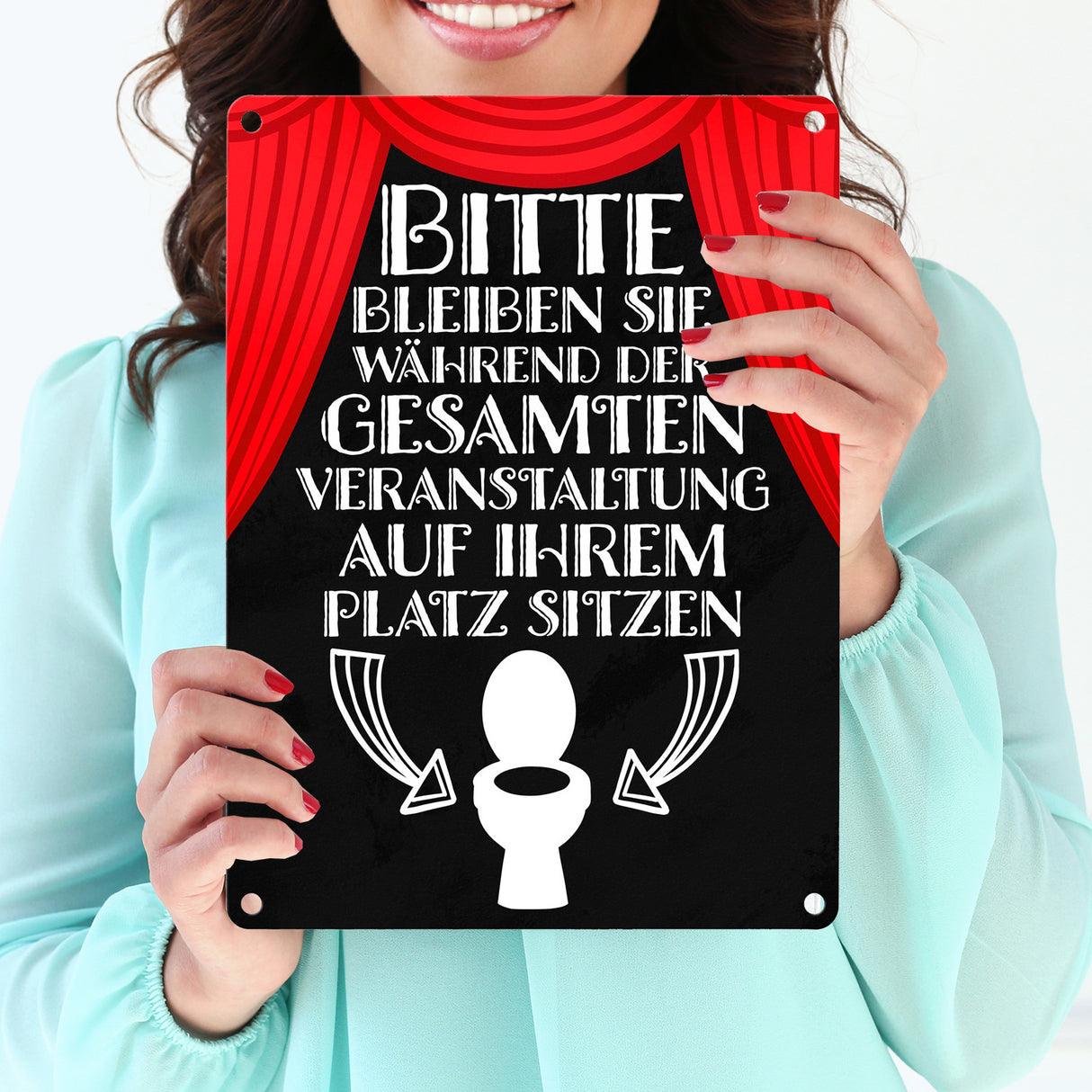 Bitte sitzen bleiben Toiletten Metallschild mit rotem Vorhang