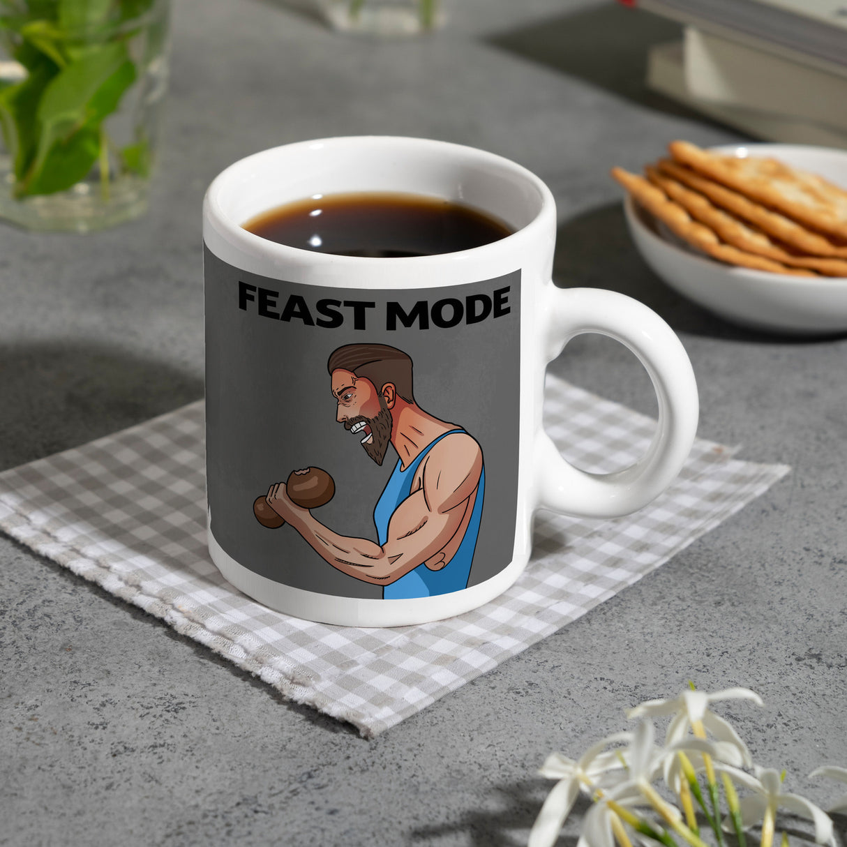 Feast Mode Kaffeebecher mit Bodybuilder Motiv