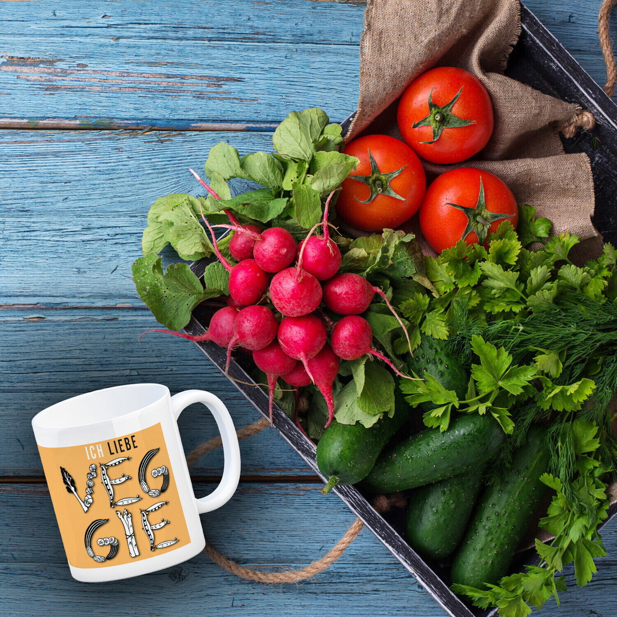 Ich liebe Veggie Kaffeebecher mit Gemüse Motiv in orange