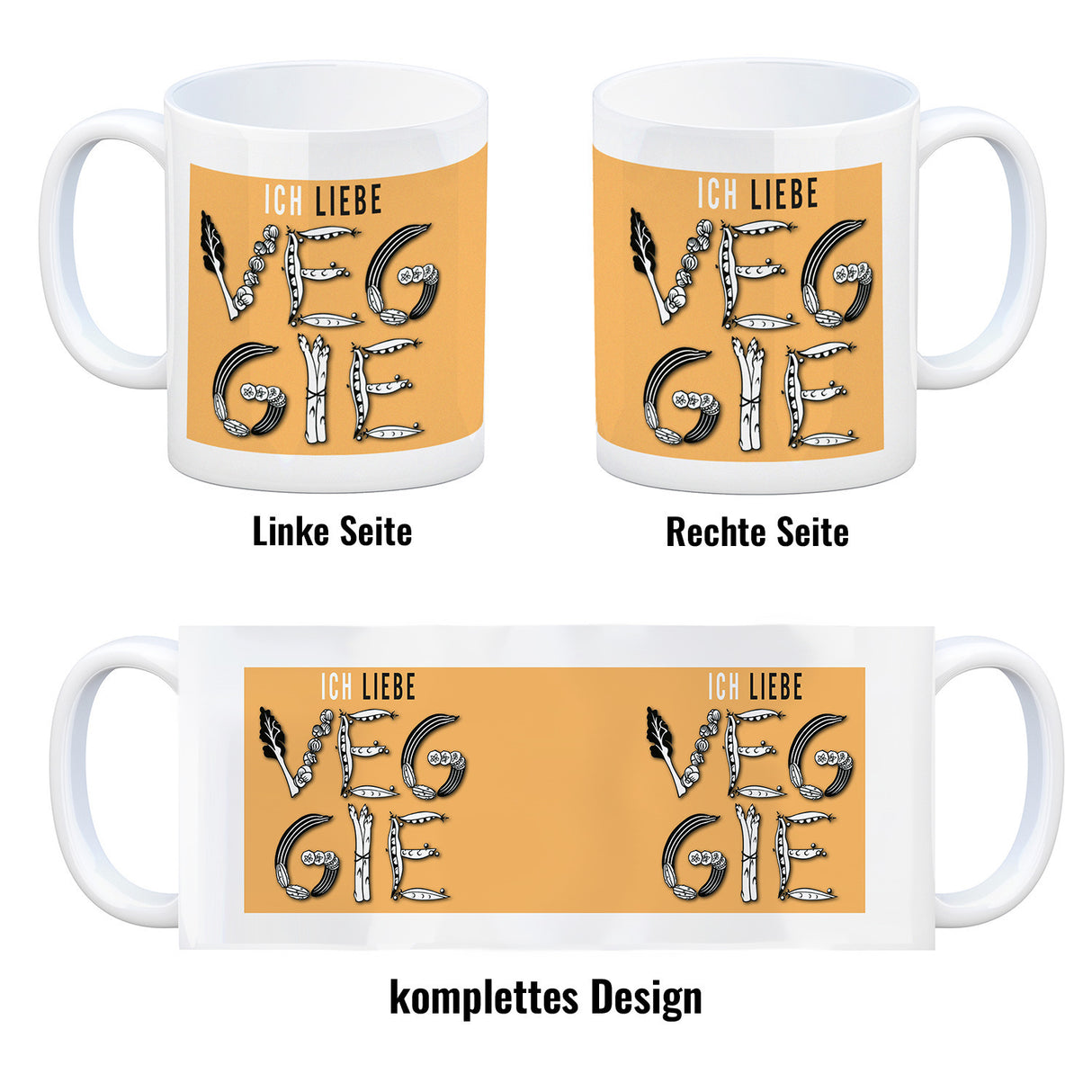 Ich liebe Veggie Kaffeebecher mit Gemüse Motiv in orange
