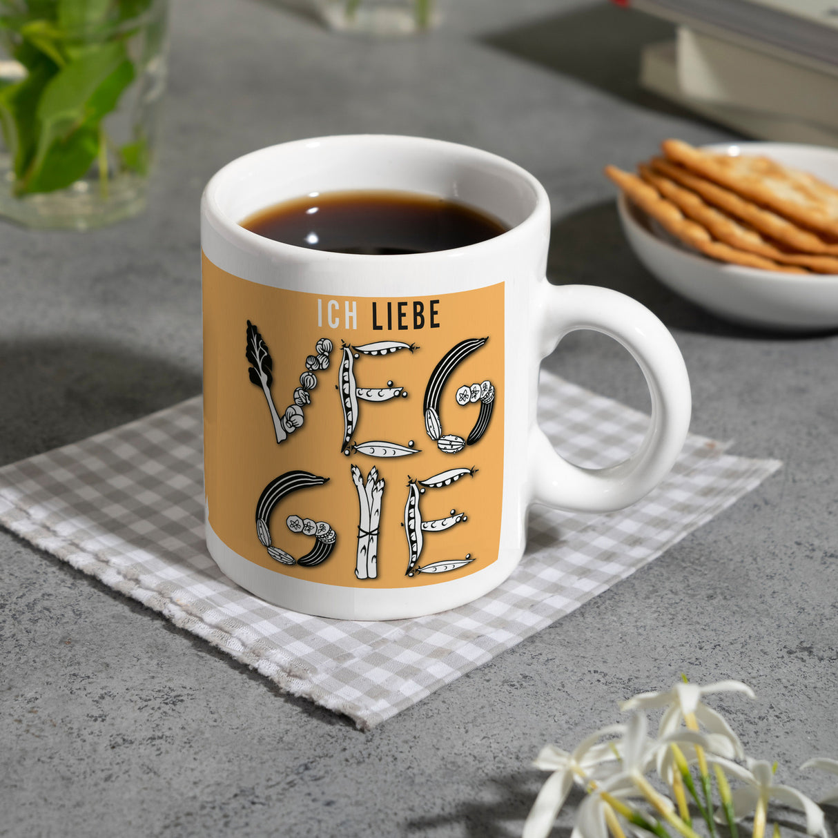 Ich liebe Veggie Kaffeebecher mit Gemüse Motiv in orange