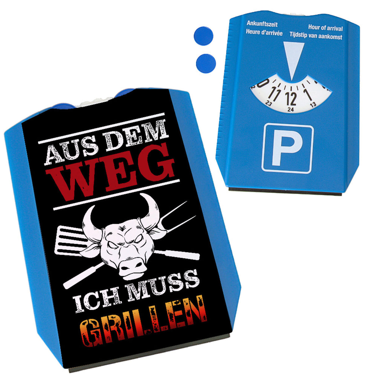 Aus dem Weg - ich muss grillen Parkscheibe mit 2 Einkaufswagenchips