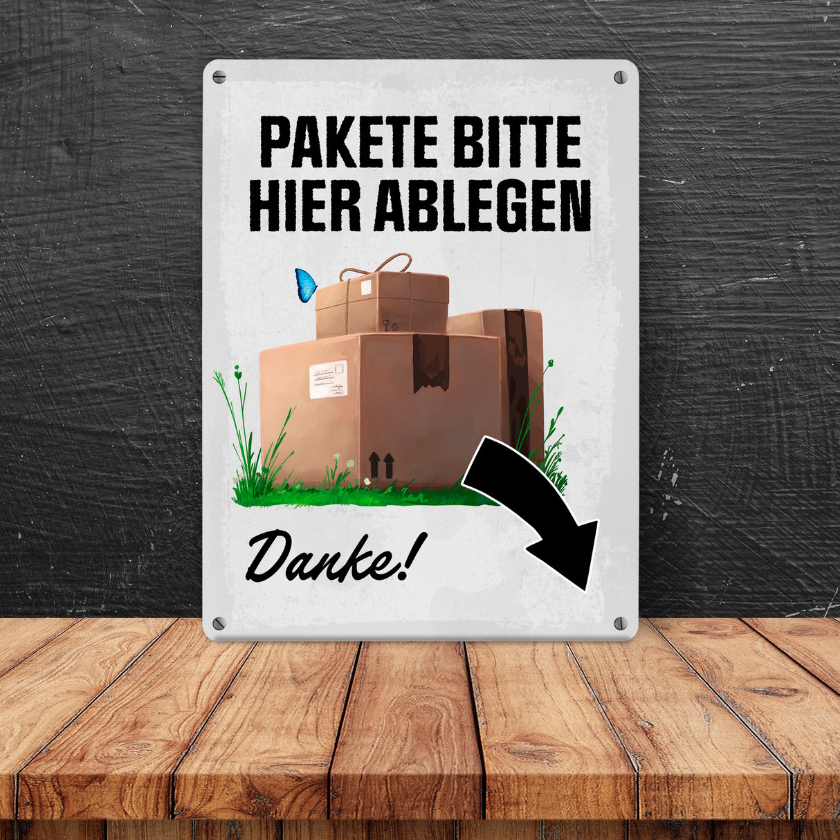 Pakete bitte hier ablegen, Danke! Metallschild - Pfeil rechts