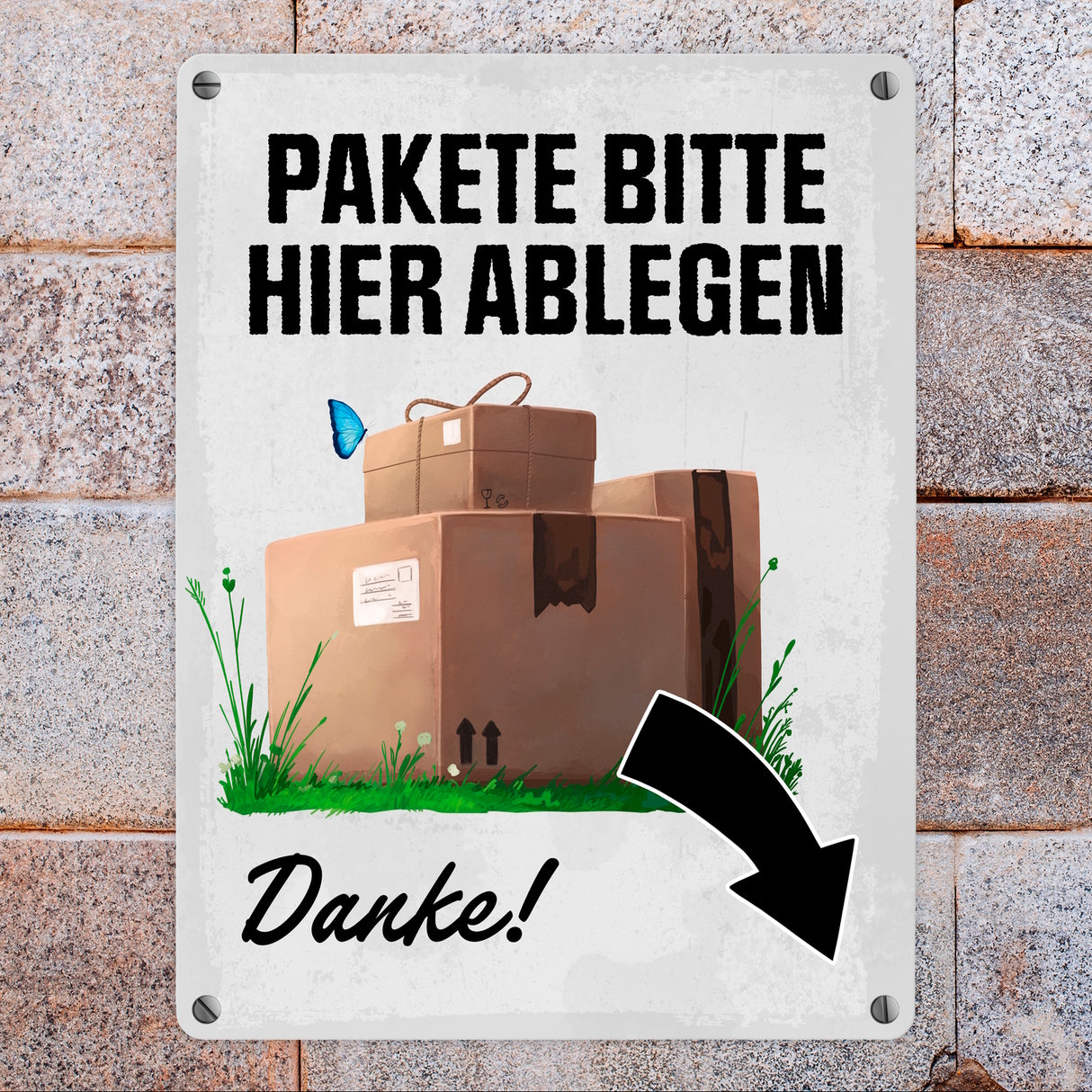 Pakete bitte hier ablegen, Danke! Metallschild - Pfeil rechts