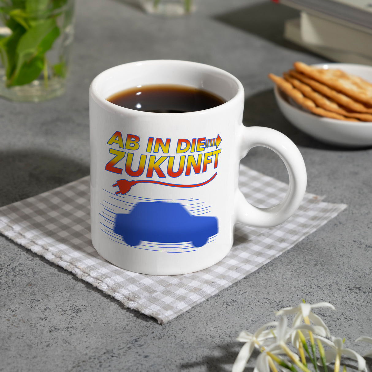 Ab in die Zukunft Elektroauto Kaffeetasse