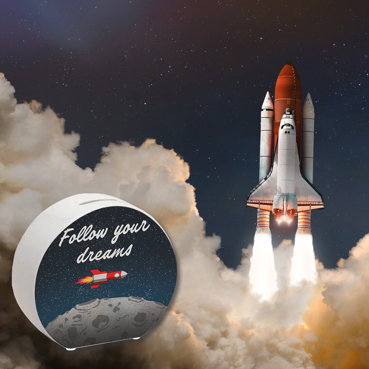 Rakete im Weltall follow your dreams Mond Spardose