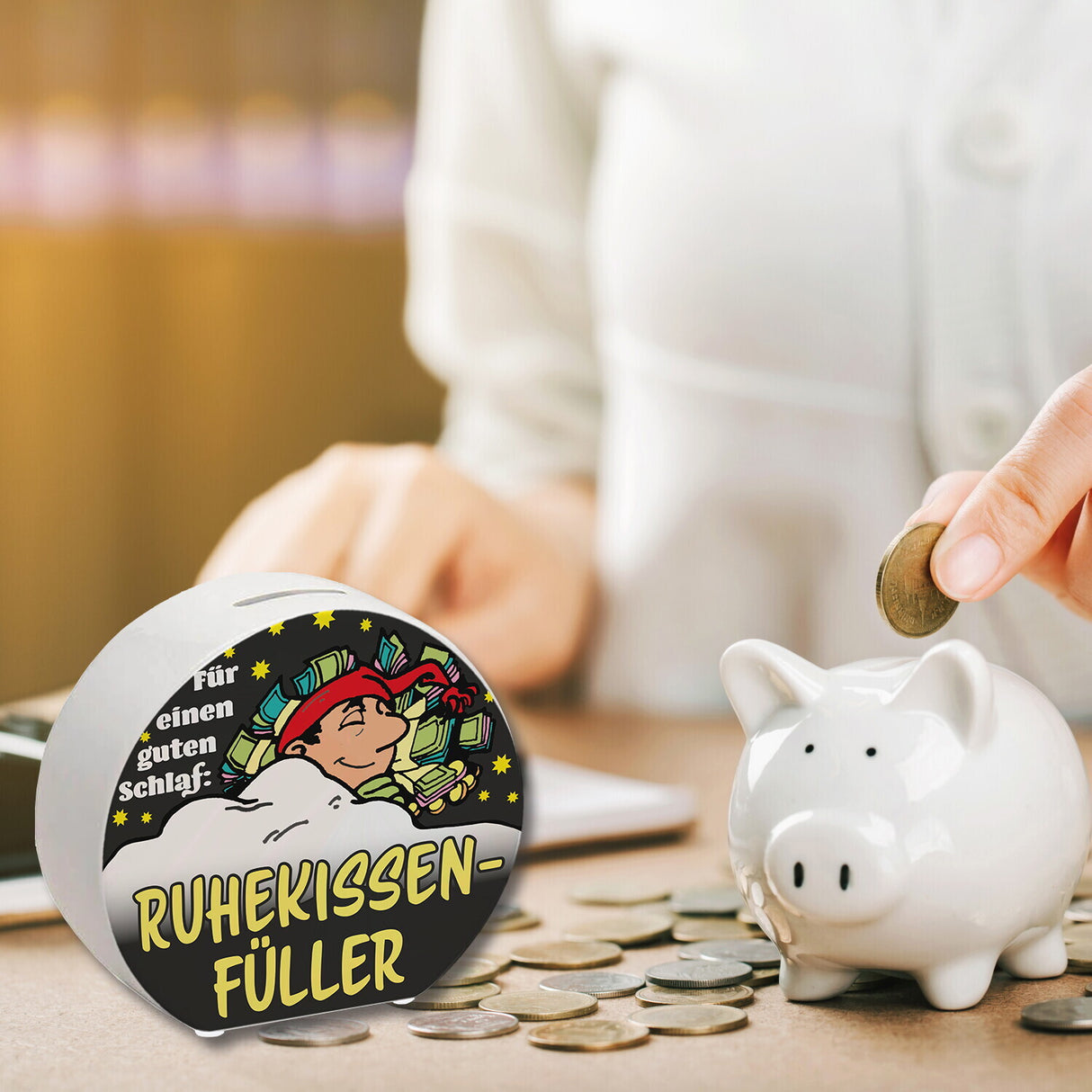 Ruhekissen-Füller Spardose zum Thema Sparen und Schlafen