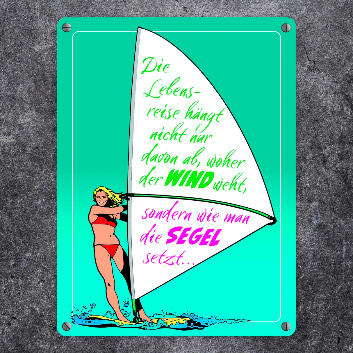 Surferin Metallschild mit Spruch auf dem Segel