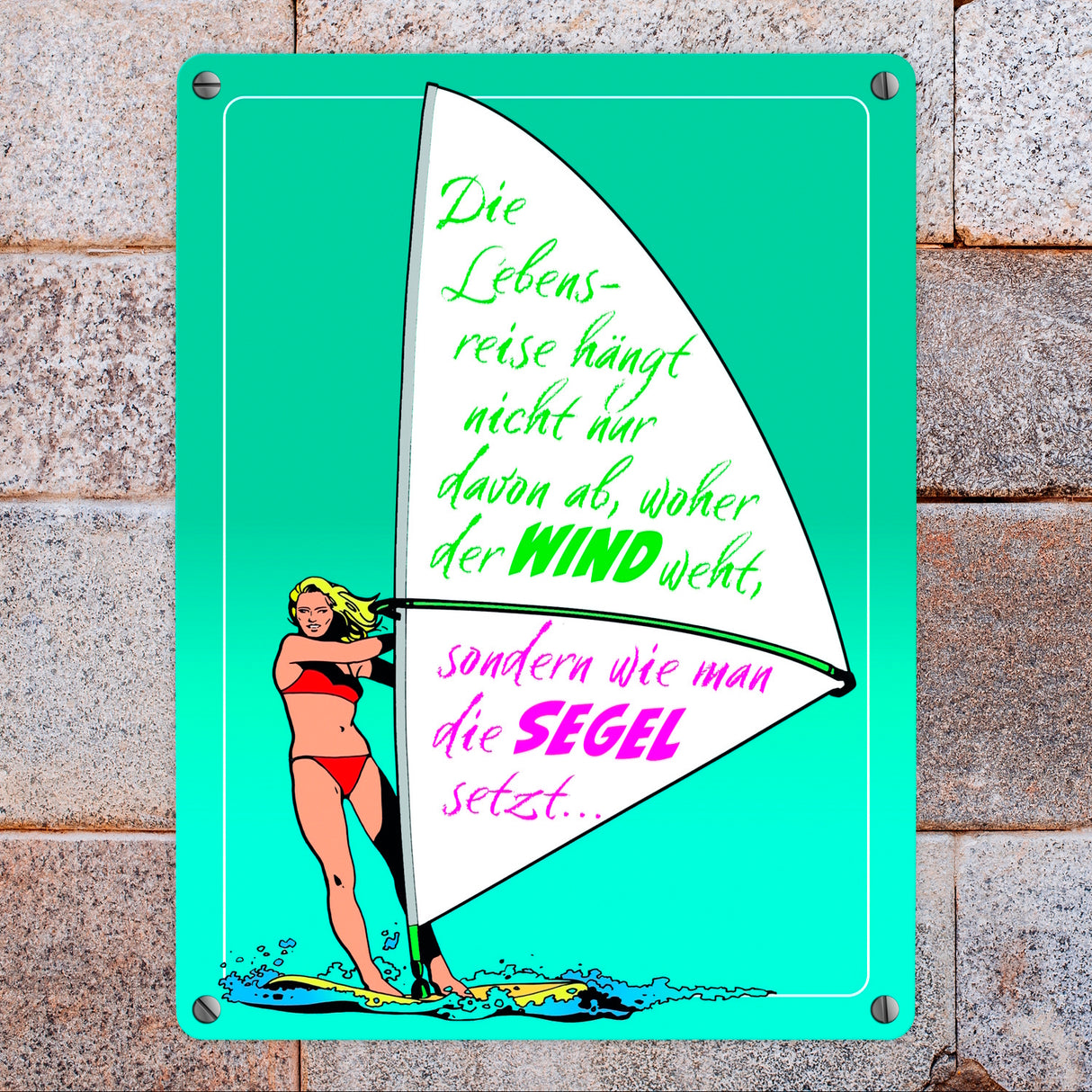 Surferin Metallschild mit Spruch auf dem Segel