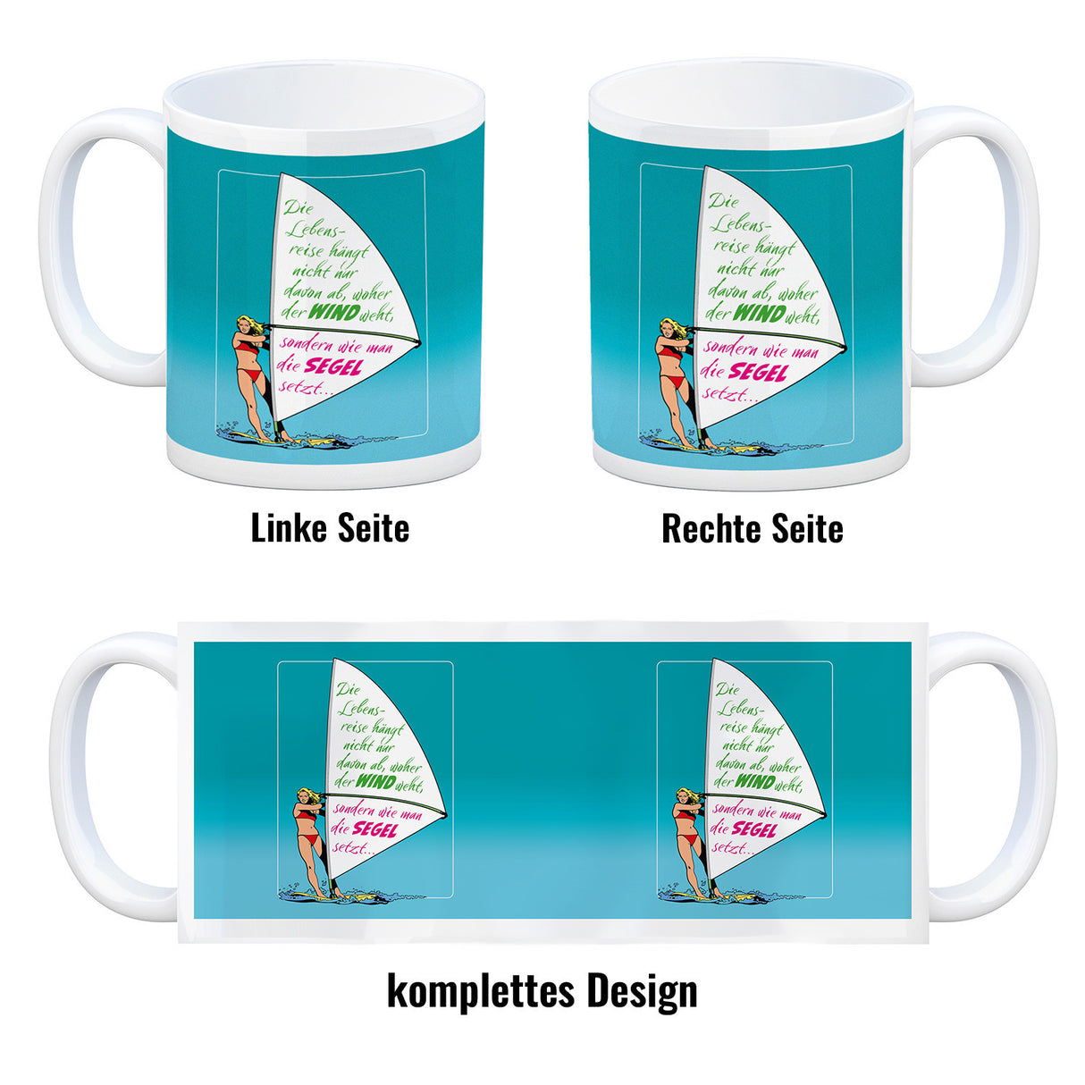 Surferin Kaffeebecher mit Spruch auf dem Segel